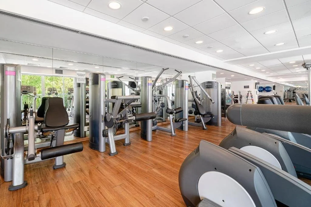A gym with various workout machines, including a seated leg press, rowing machine, and elliptical trainers, with mirrors and large windows in the background.