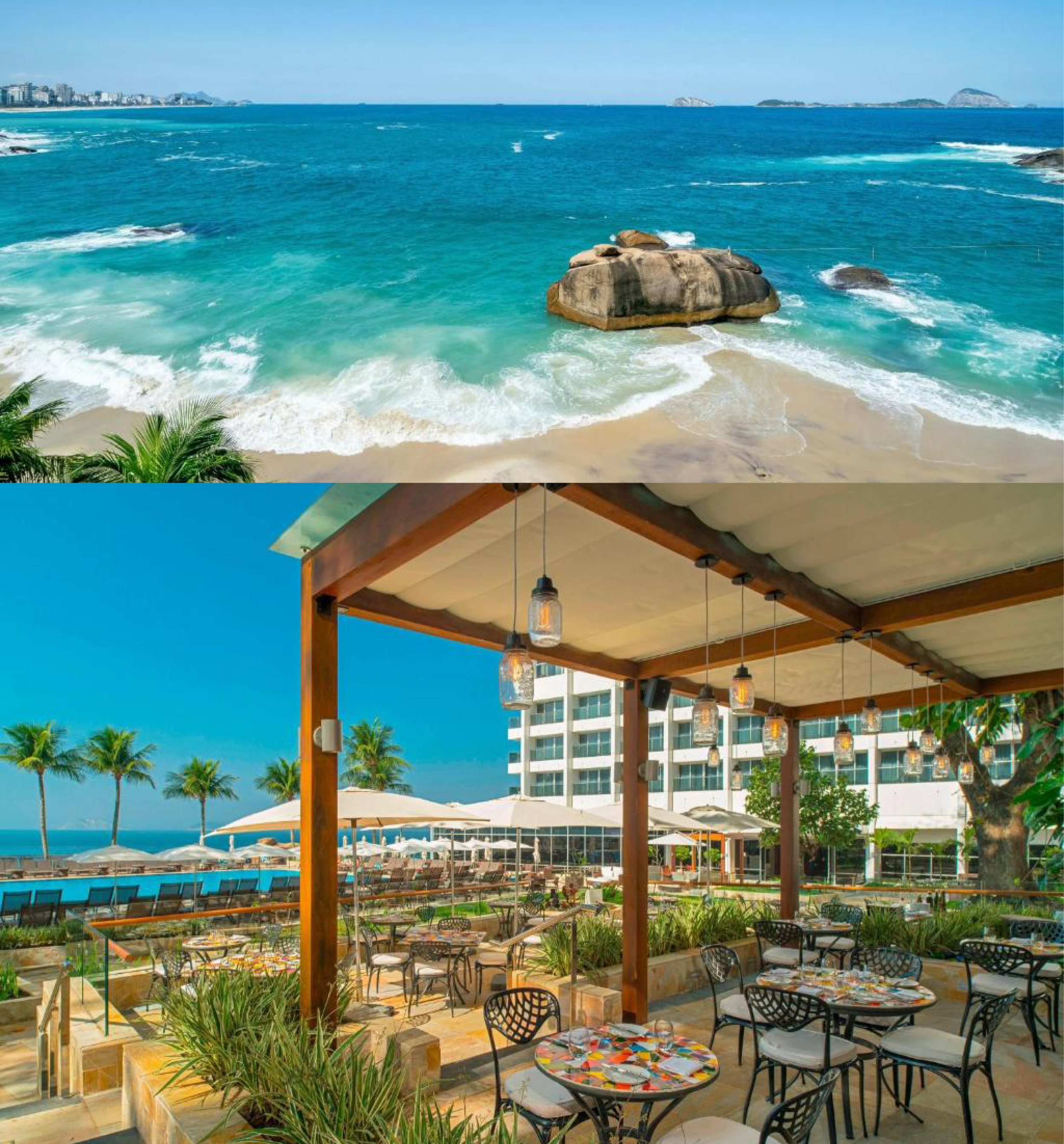 A split image showing a tropical beach with turquoise water and a large rock formation in the ocean at the top, and an outdoor restaurant or bar with tables, chairs, palm trees, and a view of the beach and pool at the bottom.