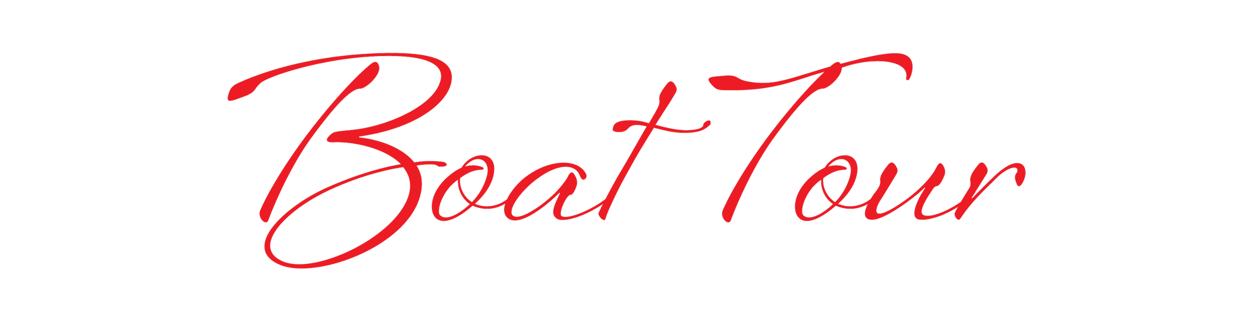 Text logo with the words 'Boat Tour' written in red cursive font on a black background.