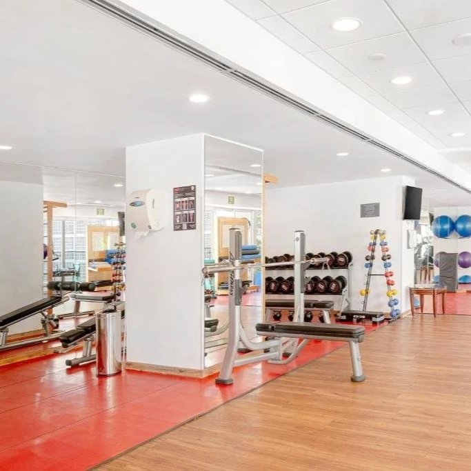 Interior of a gym with workout equipment, free weights, and exercise balls on shelves.
