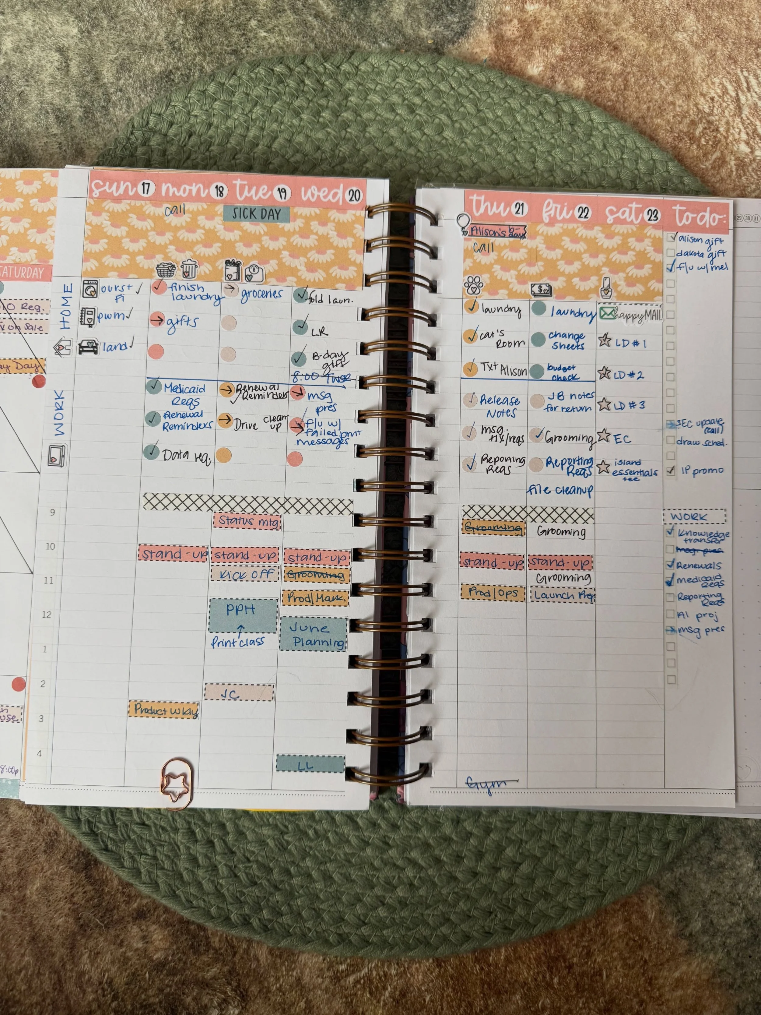 week of 5/17. tuesday and wednesday were a sick day situation. the week still got planned. still got lived. still got done.

this is what my end of week spread looks like, and the last slide was my &ldquo;practice sheet&rdquo;. it helped me keep trac