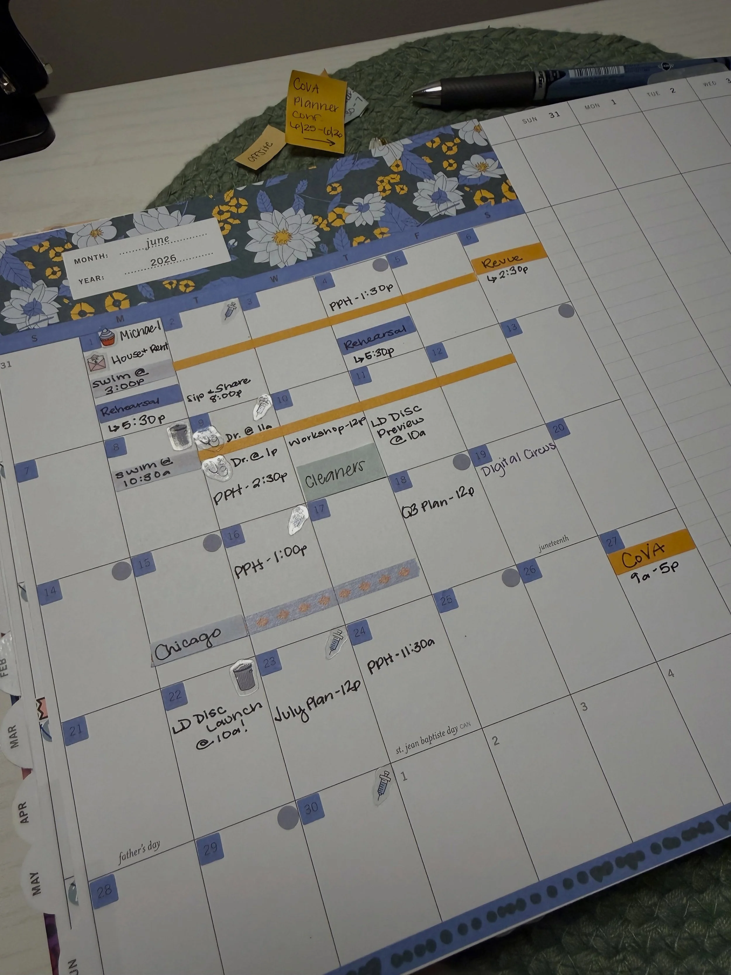 hello june☀️

this is my favorite part of the month. getting everything out of my head and onto the page so I can breathe a little easier.

we&rsquo;ve got a Chicago work trip, the @laureldenise disc launch, @covaplannerconference, recital rehearsal,