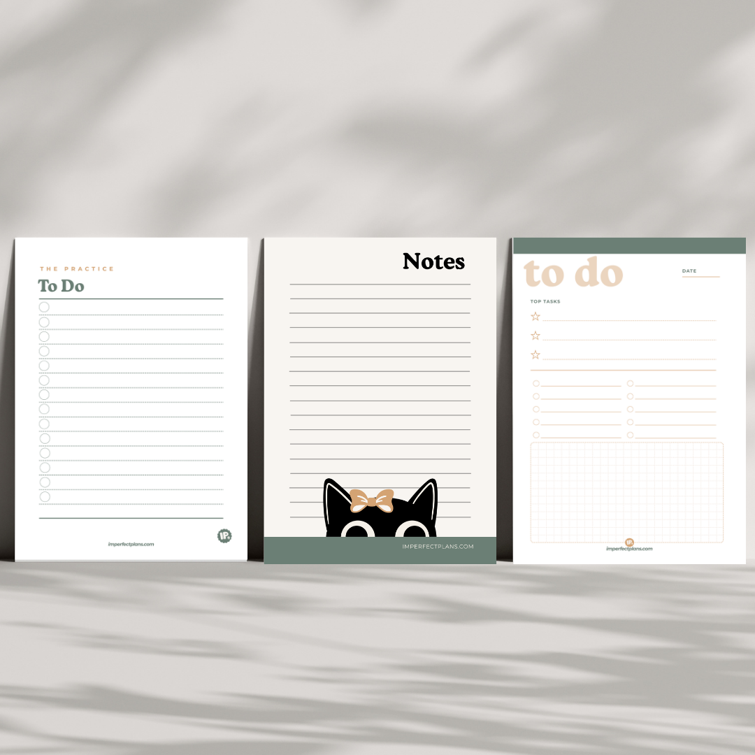 Three tear away notepads with to-do lists and notes, featuring simple design and light pastel accents, placed on a white surface.