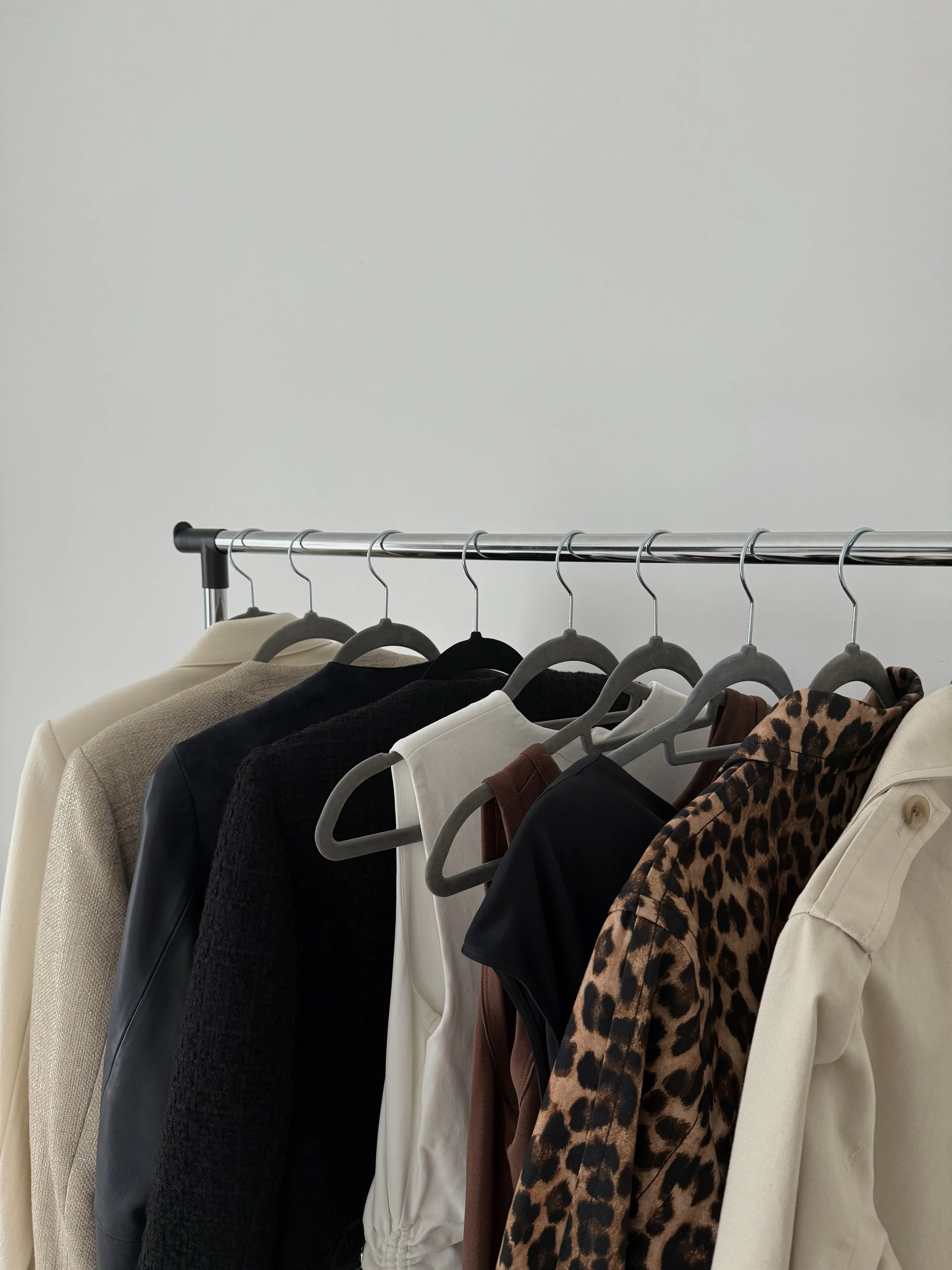 A clothing rack with various garments hanging, including beige, black, white, brown, and leopard print pieces, against a plain light-colored wall.
