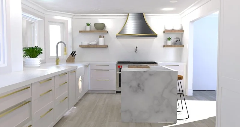Modern white kitchen with marble island, open shelves, gold accents, and stainless steel range hood.
