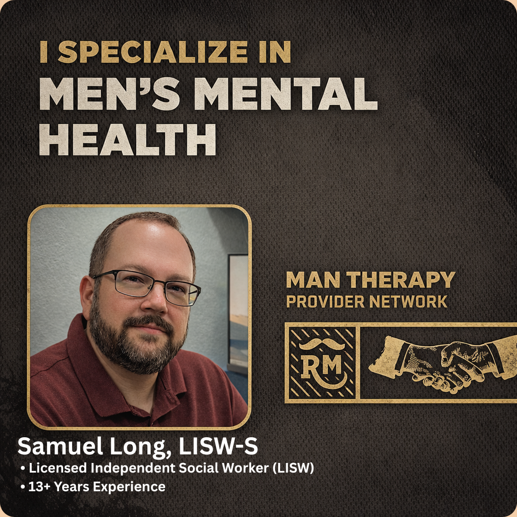 Graphic promoting men’s mental health therapy, featuring a male therapist portrait and text reading “I specialize in men’s mental health” with Man Therapy Provider Network logo.