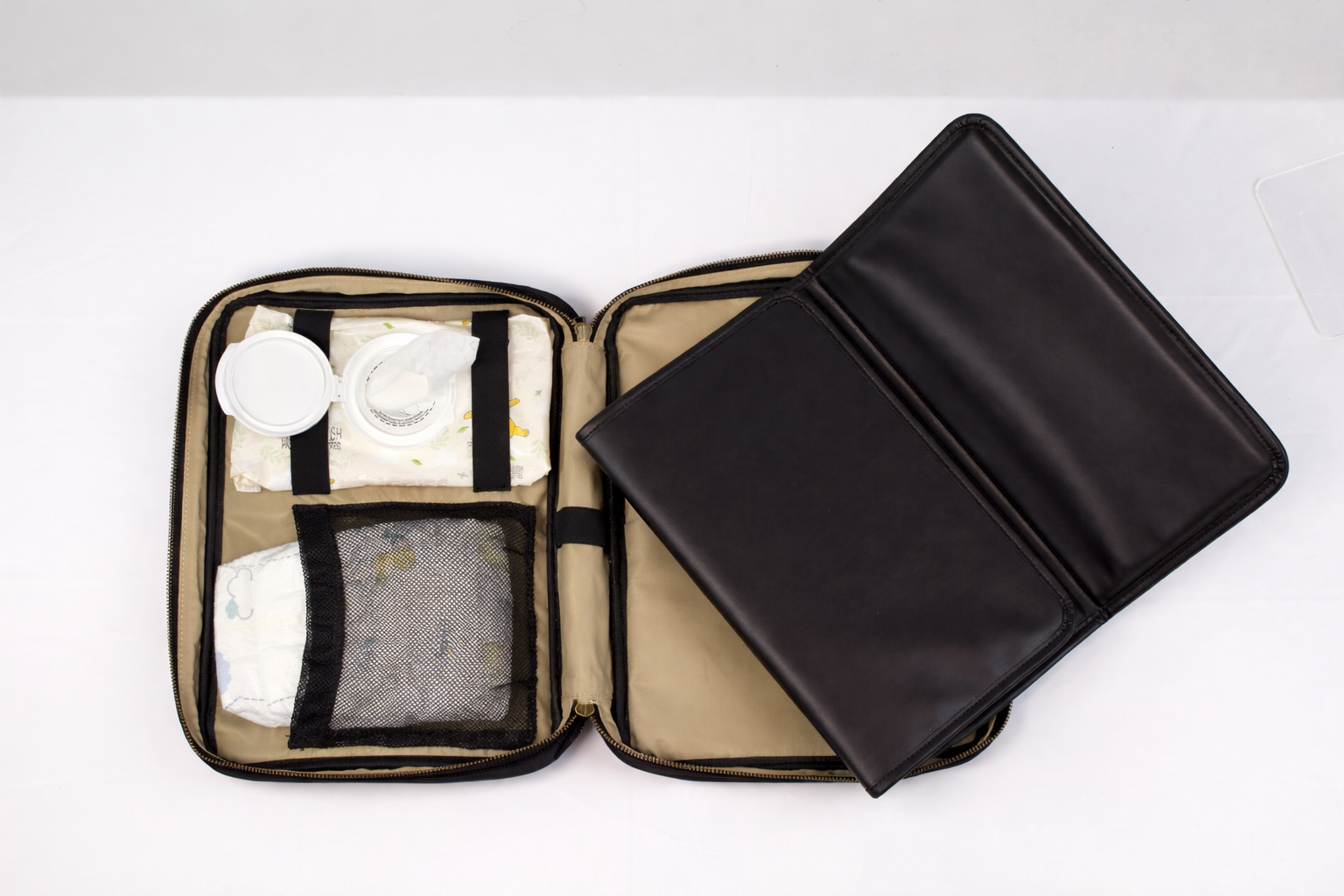 Interior of The Little Hauler Changing Pod, showcasing it's ability to hold diaper change essentials.