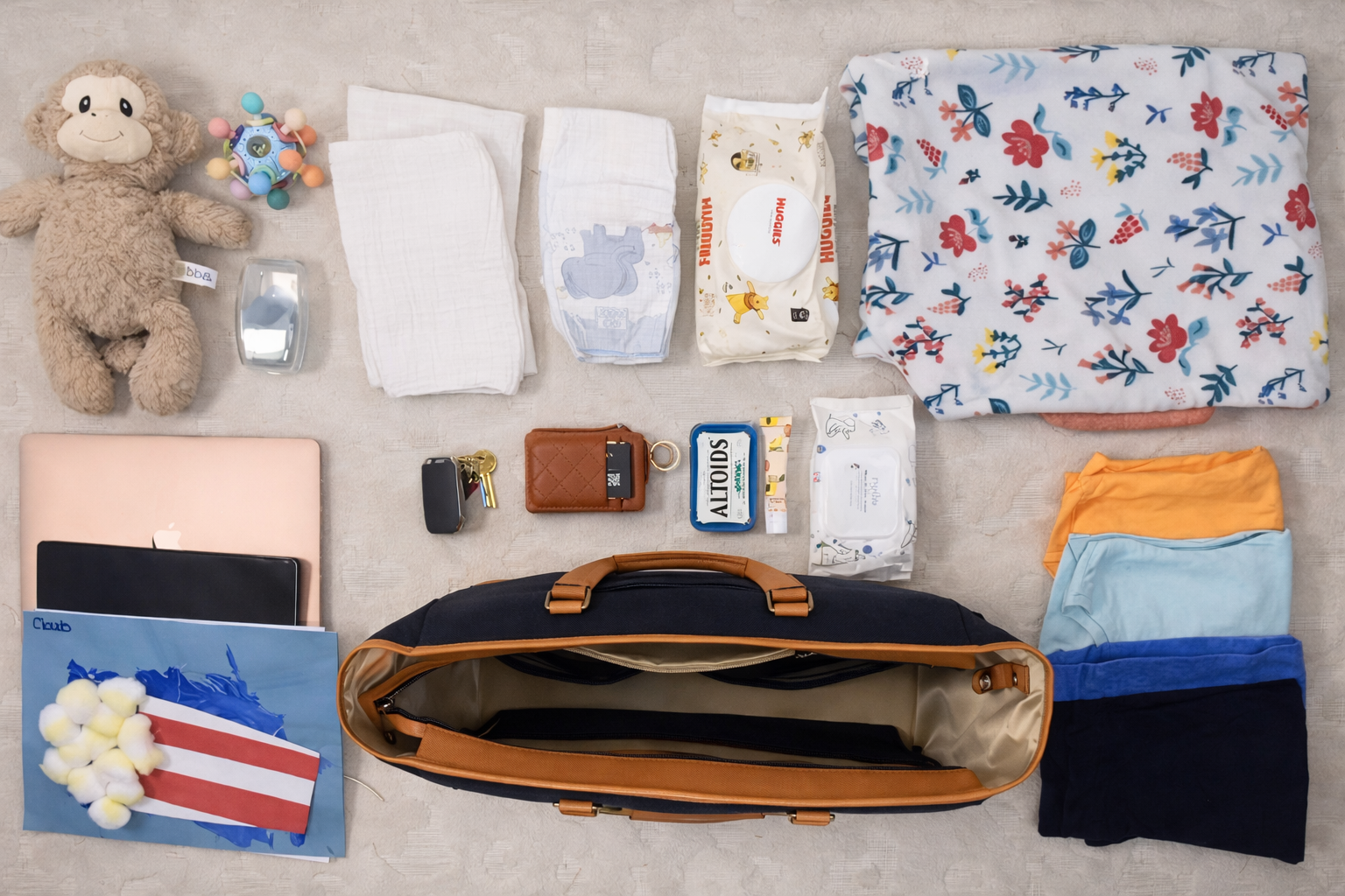 Flat lay of The Little Hauler modular tote with baby essentials showing large interior capacity.