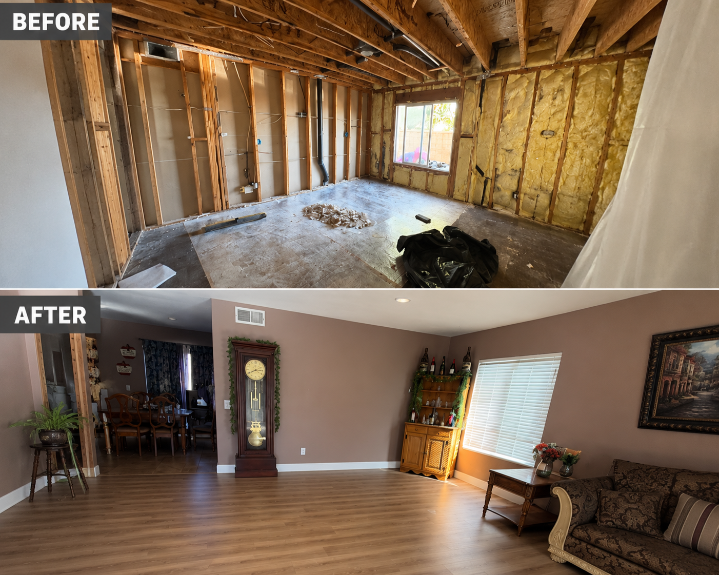 Comparison of a room before and after renovation. The 'Before' image shows an unfinished room with exposed wall studs, insulation, and construction debris on the floor. The 'After' image displays a finished, decorated living space with hardwood flooring, a wall clock, furniture, and wall art.