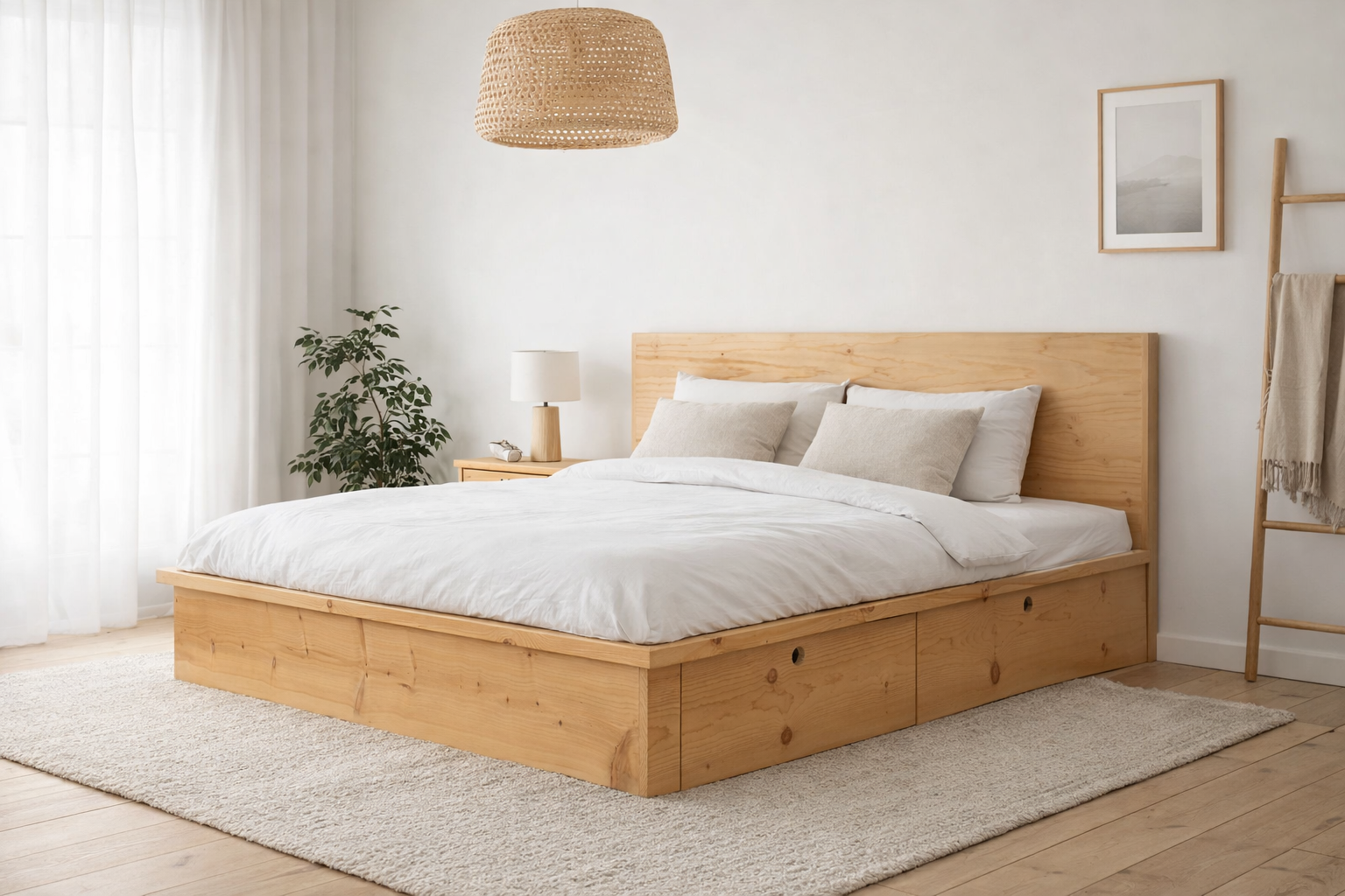 One of my favorite pieces— this king size bed with storage was built for our farmhouse using all pine and framing lumber