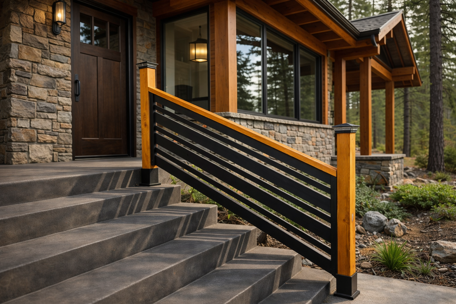 Modern Craftsman style rail added to these porch steps