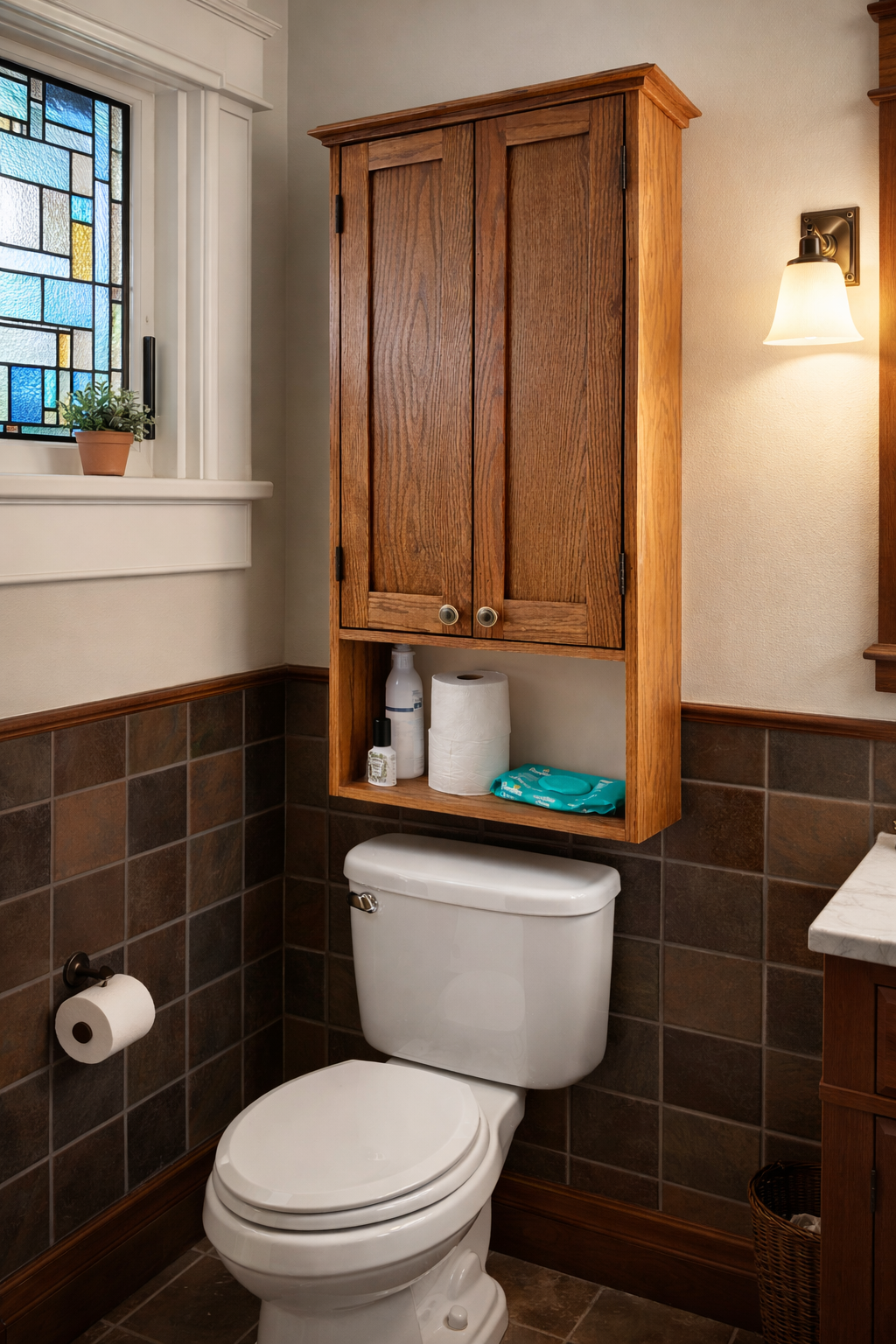 Red oak storage cabinet built for a Craftsman style home