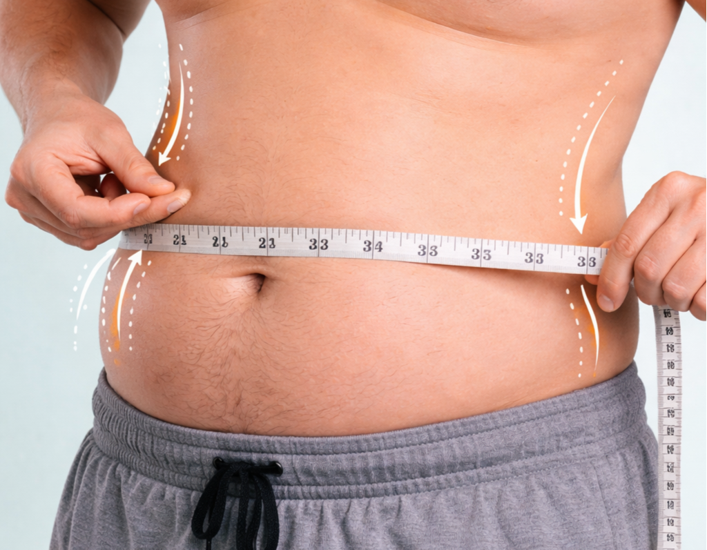 Person administering an injection into their abdomen.