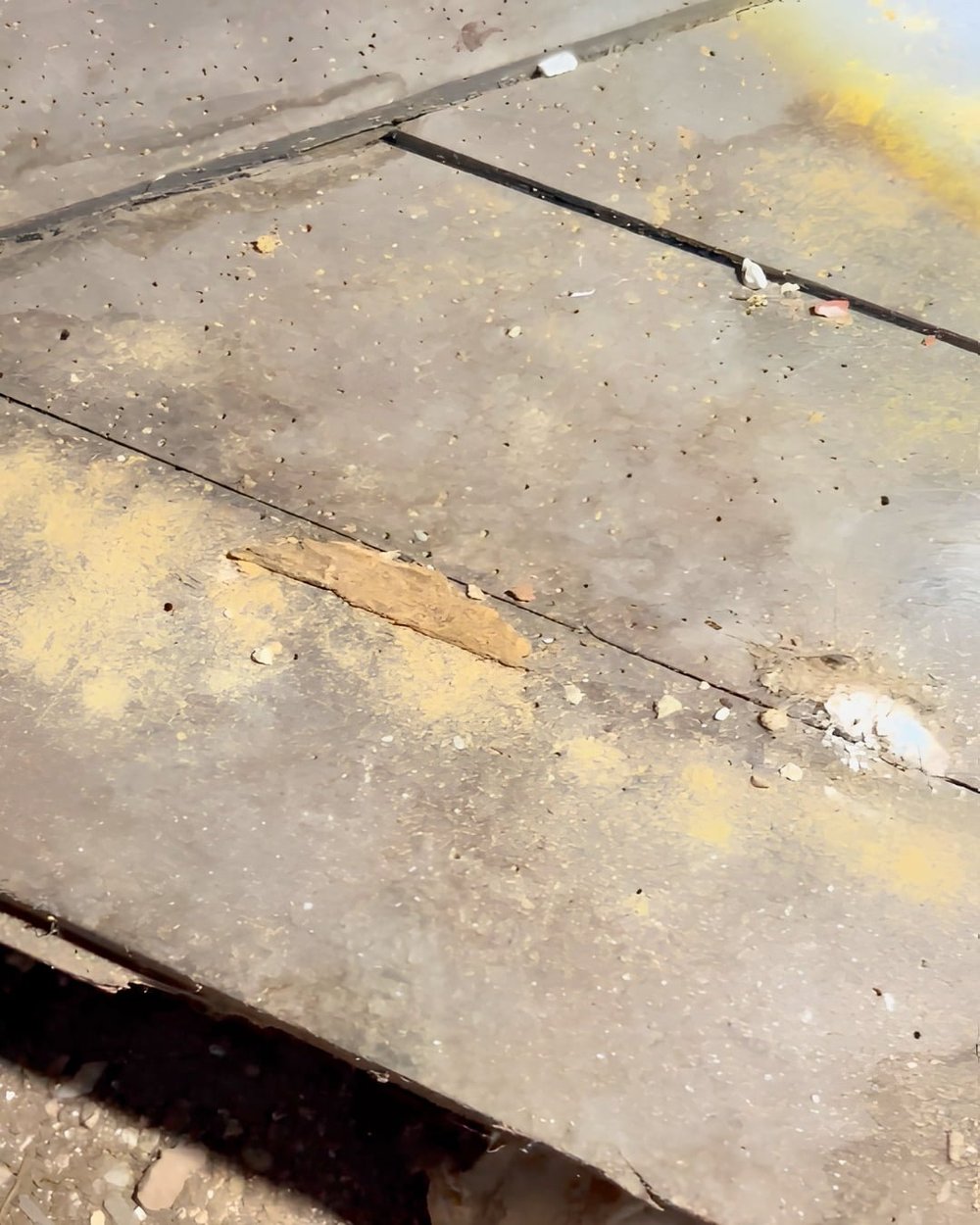 Sciure de vrillette en petits tas sur les planches d'un plancher ancien