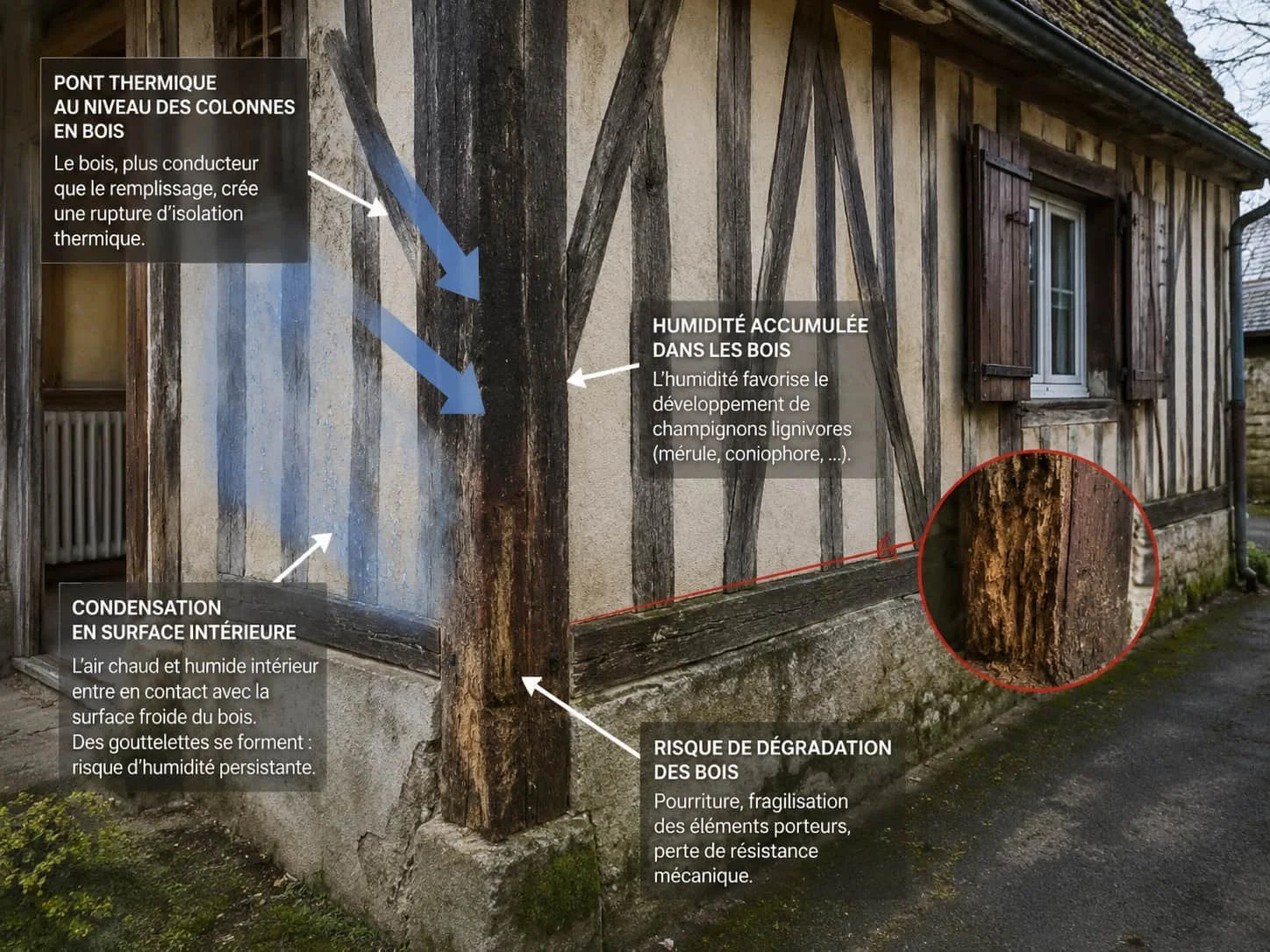 Maison à colombages normande avec pont thermique et condensation — risque humidité et champignons lignivores