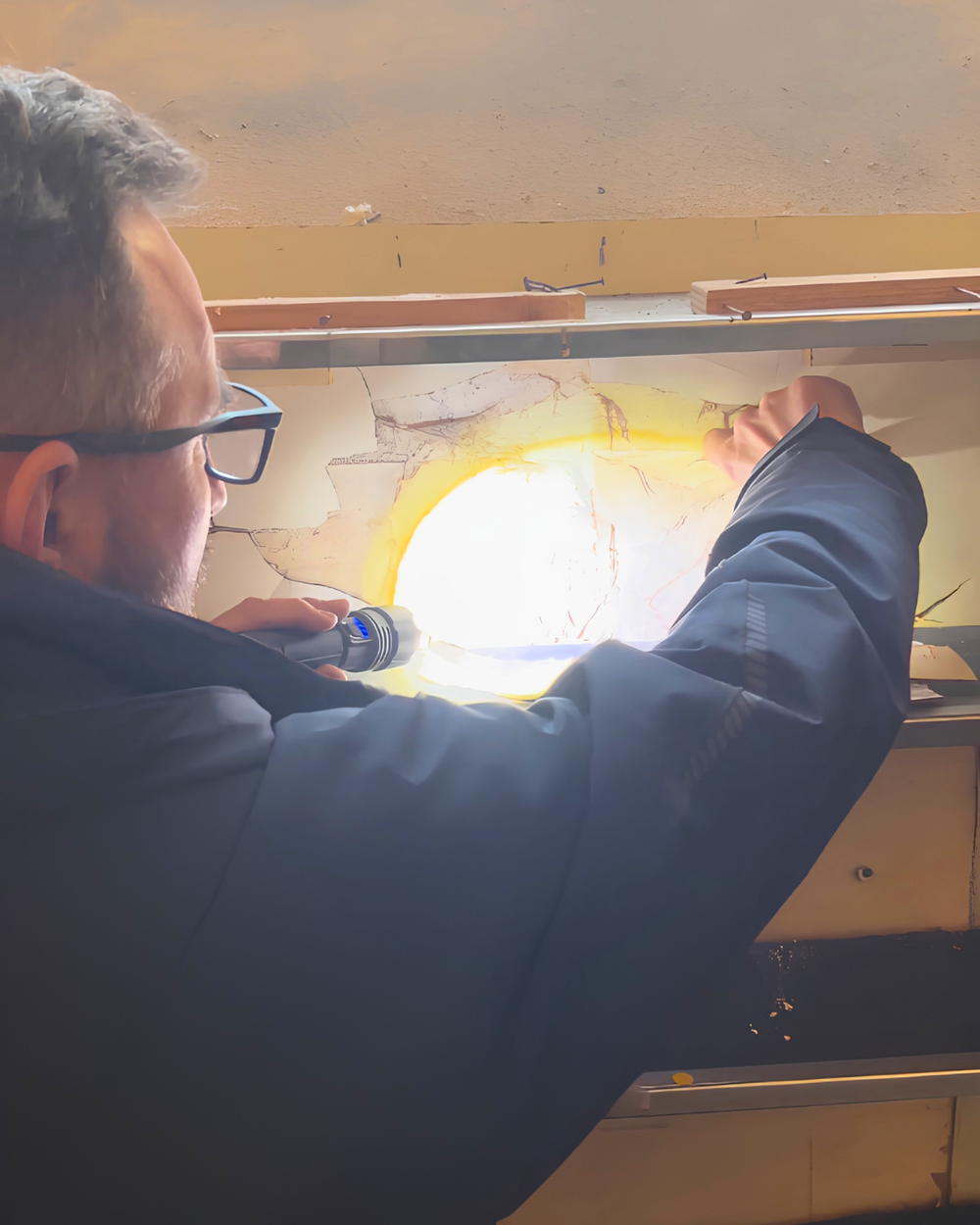 Sébastien Vieuxbled examine à la lampe une poutre au plafond avant un achat