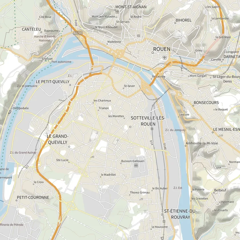 Plan des cinq secteurs termites délimités par l’arrêté préfectoral du 12 juin 2023 au Petit-Quevilly, à Sotteville-lès-Rouen et à Saint-Étienne-du-Rouvray, sur fond de plan IGN de l’agglomération de Rouen