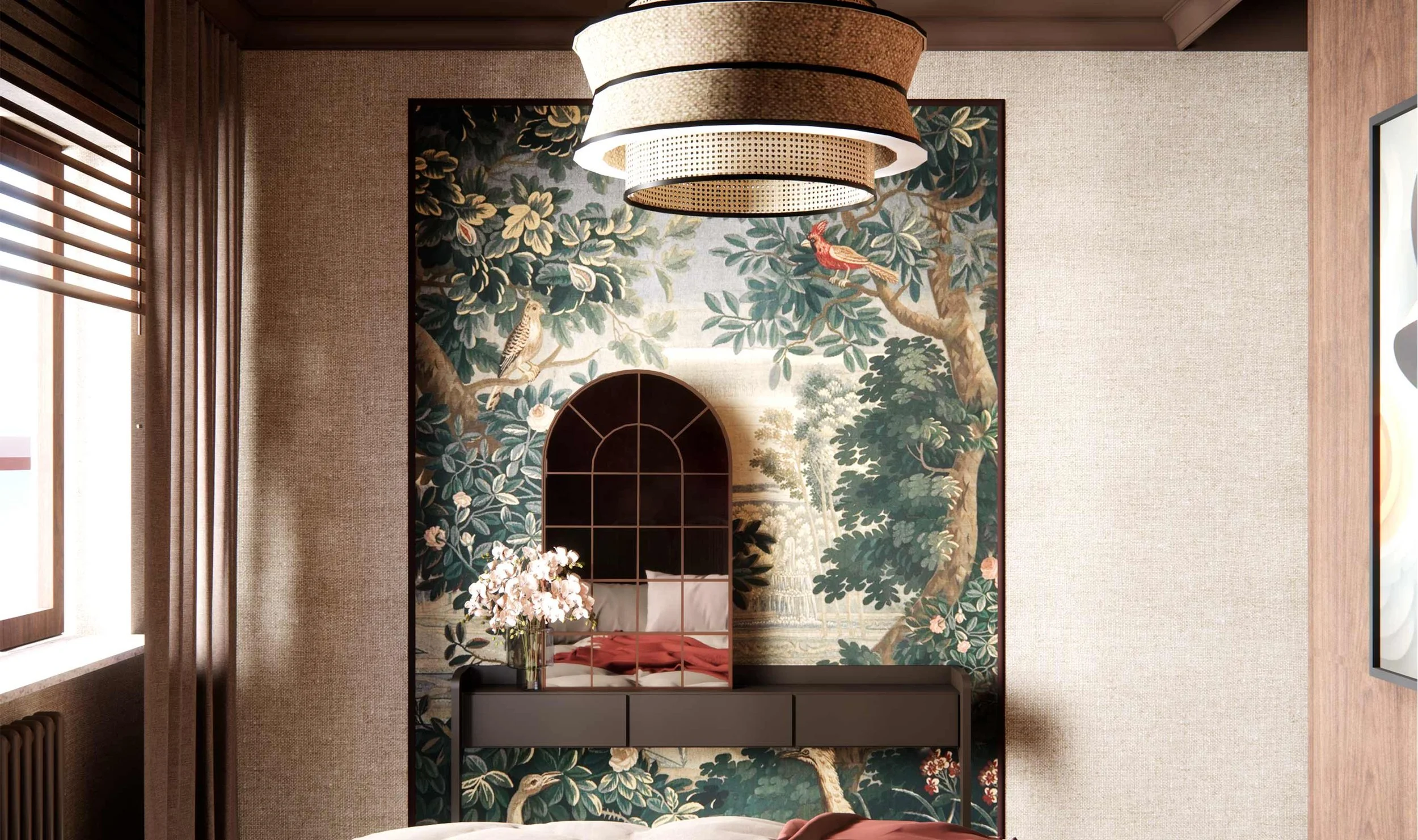 Bedroom with tropical wallpaper featuring trees and birds, black dresser with pink and white flowers, window with brown curtains, and beige and wooden walls.
