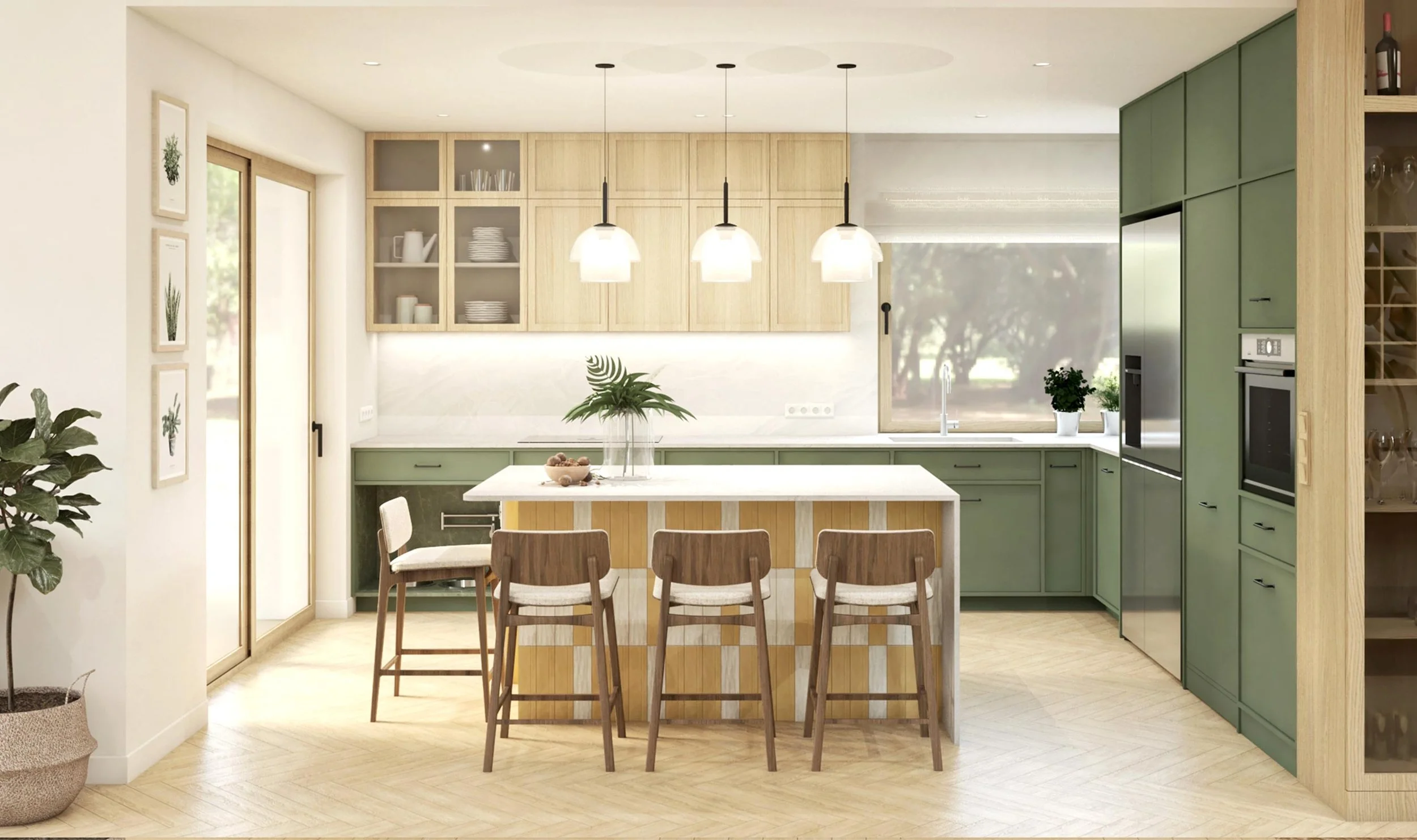 Modern kitchen with green and wood cabinetry, a white island with wooden barstools, hanging pendant lights, and large windows with outdoor view.