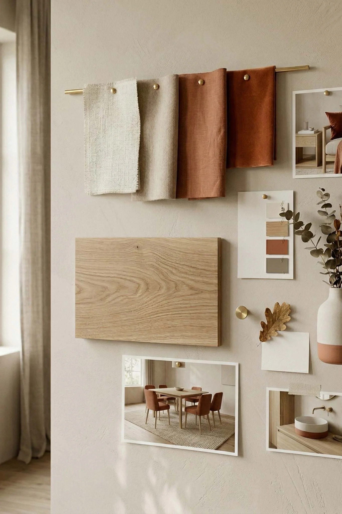 A wall decorated with fabric swatches, a mounted mirror, a picture, a small vessel with branches, a leaf, and a photo of a dining room setup.
