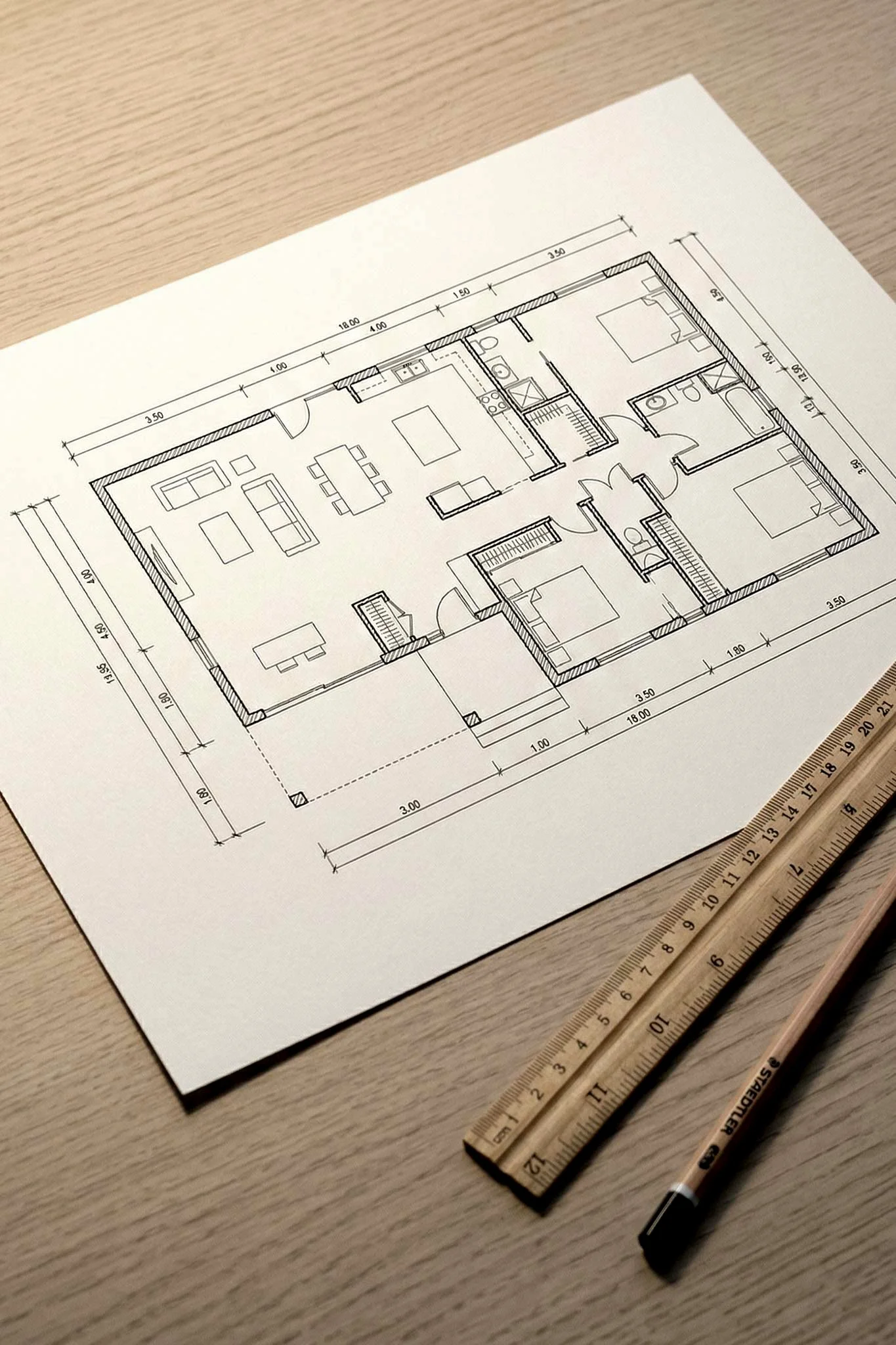 Architectural floor plan drawing with a ruler and pencil on a light wooden desk.