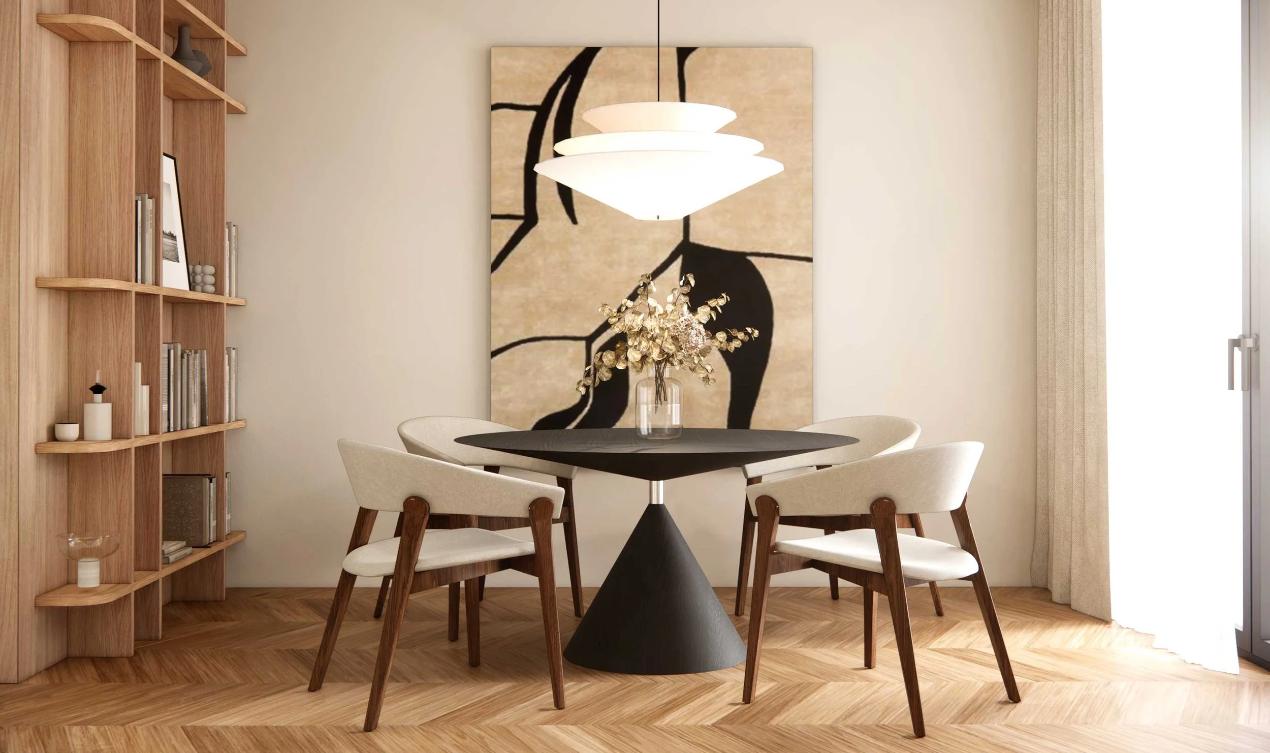 Modern dining room with a black round table, four white chairs with wooden legs, a large abstract art piece on the wall, a wooden bookshelf on the left, a ceiling light fixture, a glass vase with dried flowers on the table, and beige curtains on a sl