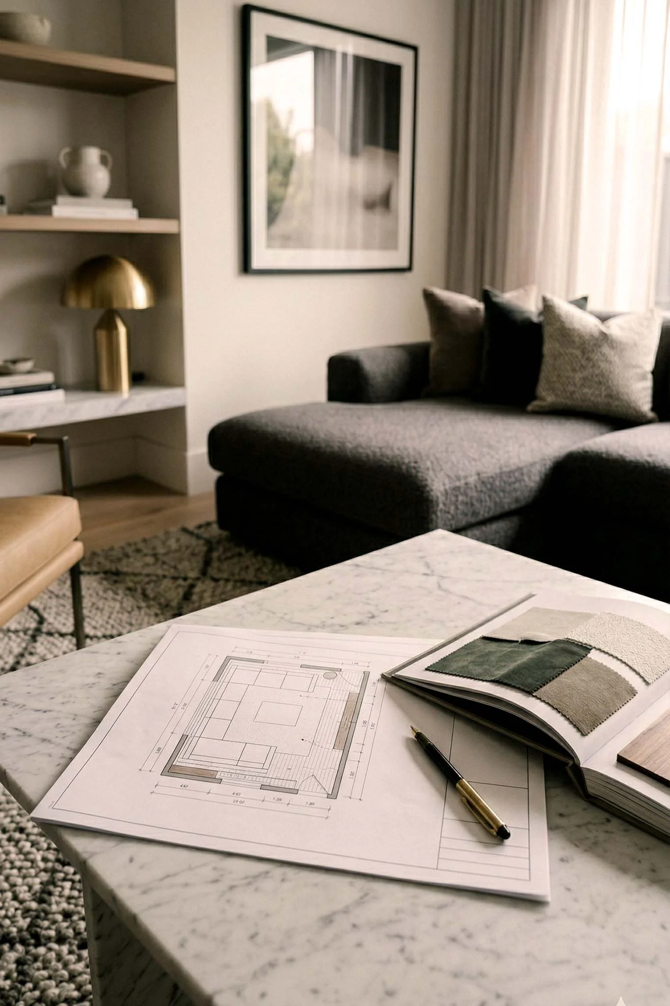 Living room with a marble coffee table, sofa, cushions, artwork, bookshelf, and floor-to-ceiling curtains.