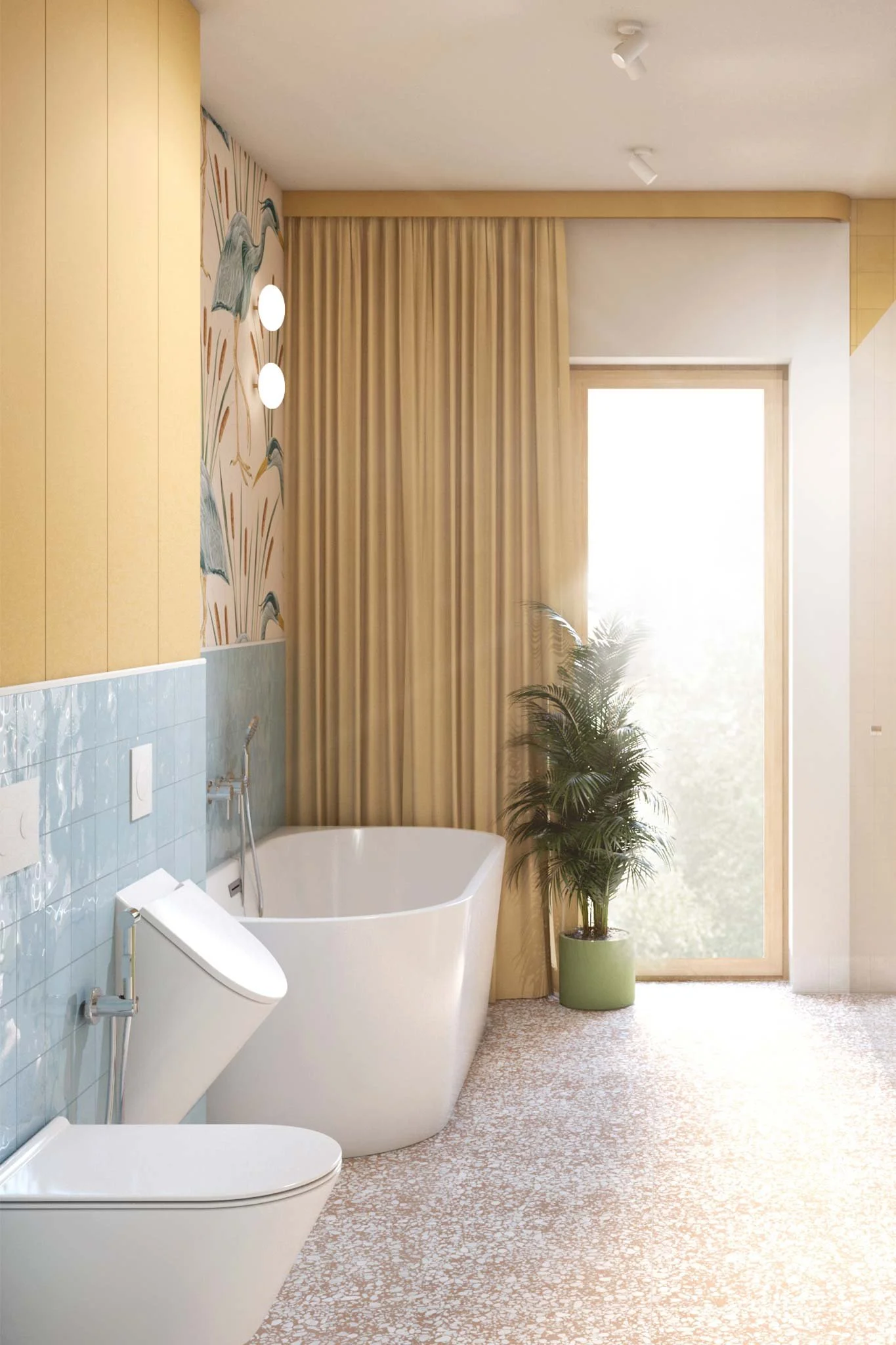 Bathroom with a bathtub, toilet, and bidet next to a large window with beige curtains. There is a potted plant near the window and textured flooring.