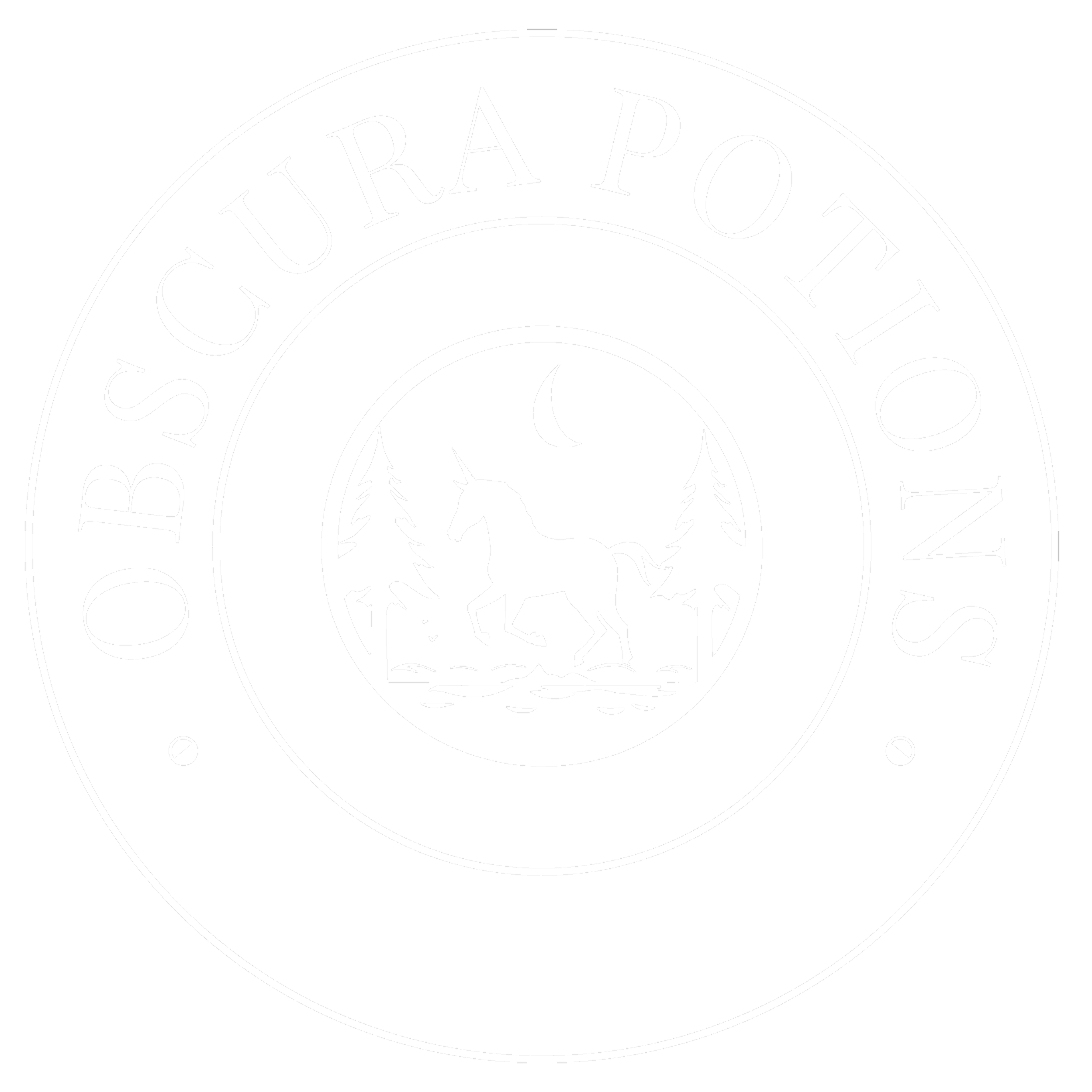Circular logo of Obscura Potions featuring a unicorn walking near trees and a crescent moon on a black background.