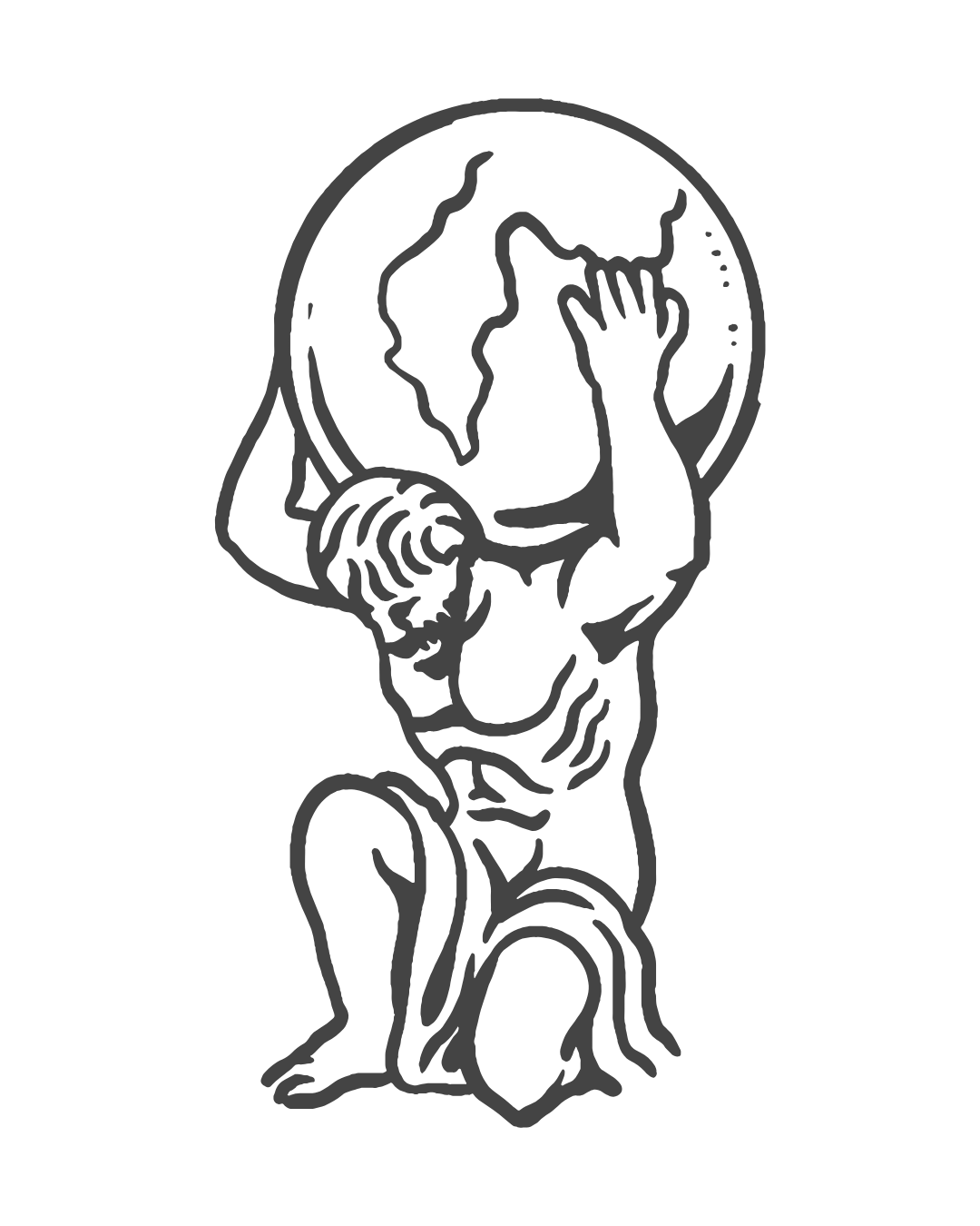 Illustration of a humanoid figure with a globe for a head, holding its hand to the globe, with a curled tail and a coiled structure on its chest.
