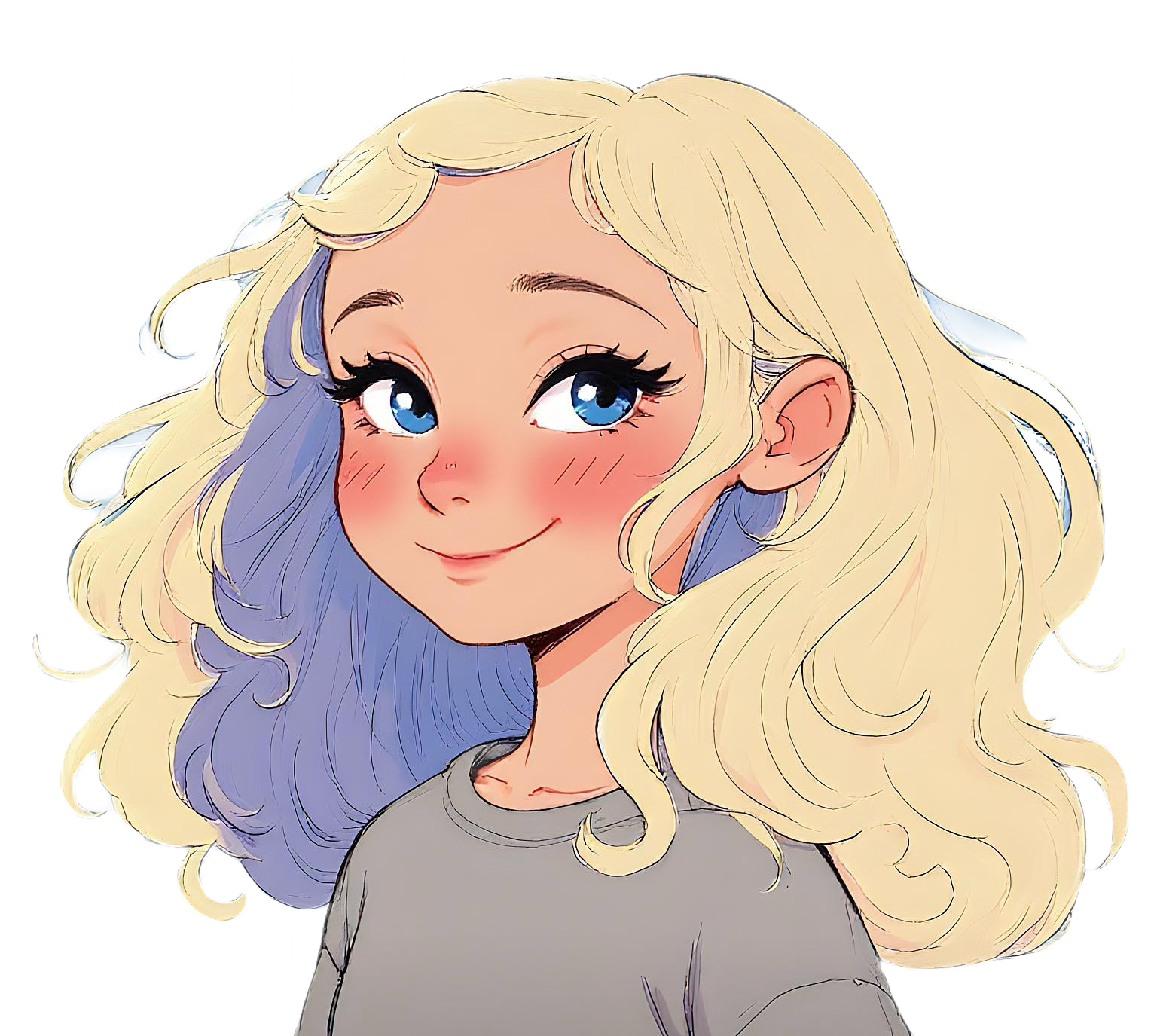 Anime-style illustration of a smiling girl with long, wavy blonde hair with hints of lavender, big blue eyes, blush on cheeks, and wearing a gray top.