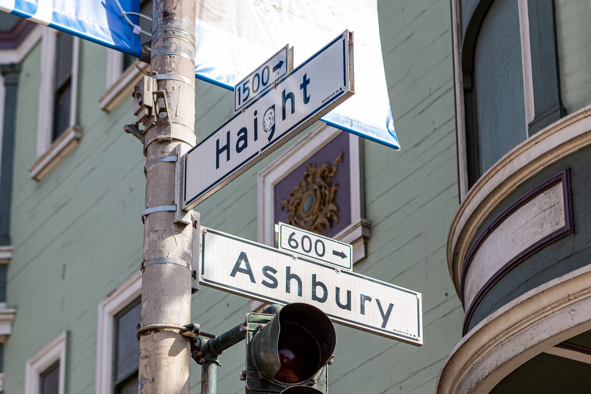 Street signs for Haight and Ashbury at an intersection with a traffic light and buildings in the background.