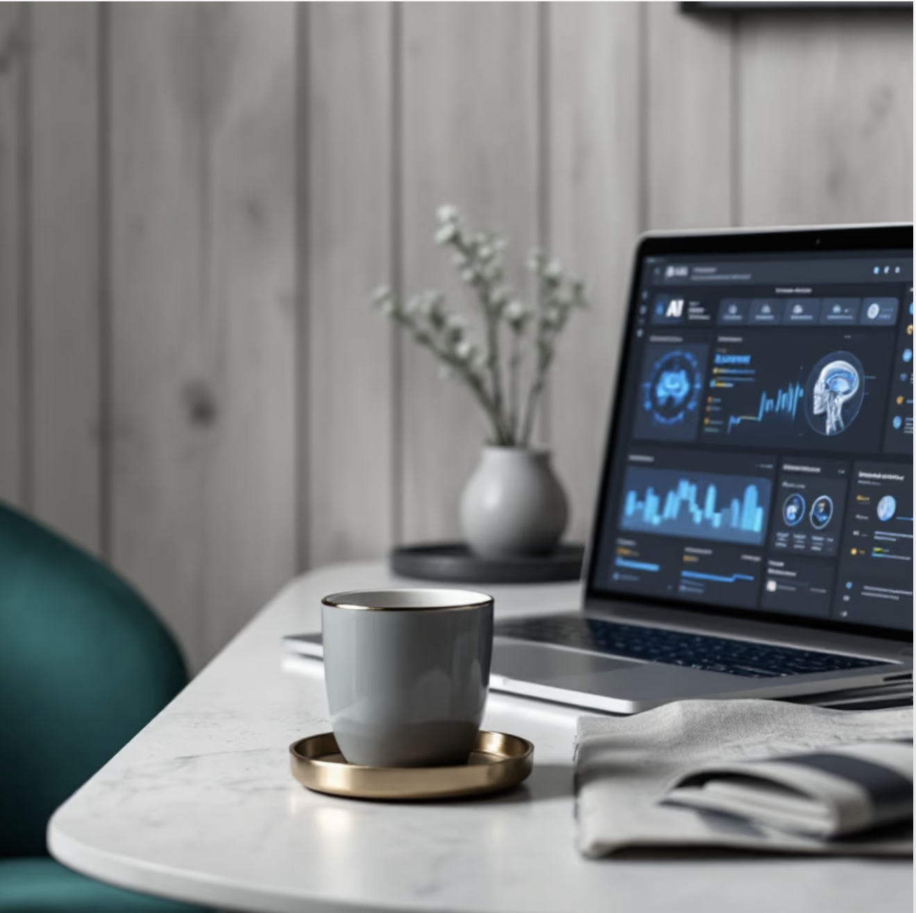 Laptop displaying data charts placed on a white desk with a gray cup on a gold tray, a vase with flowers in the background.