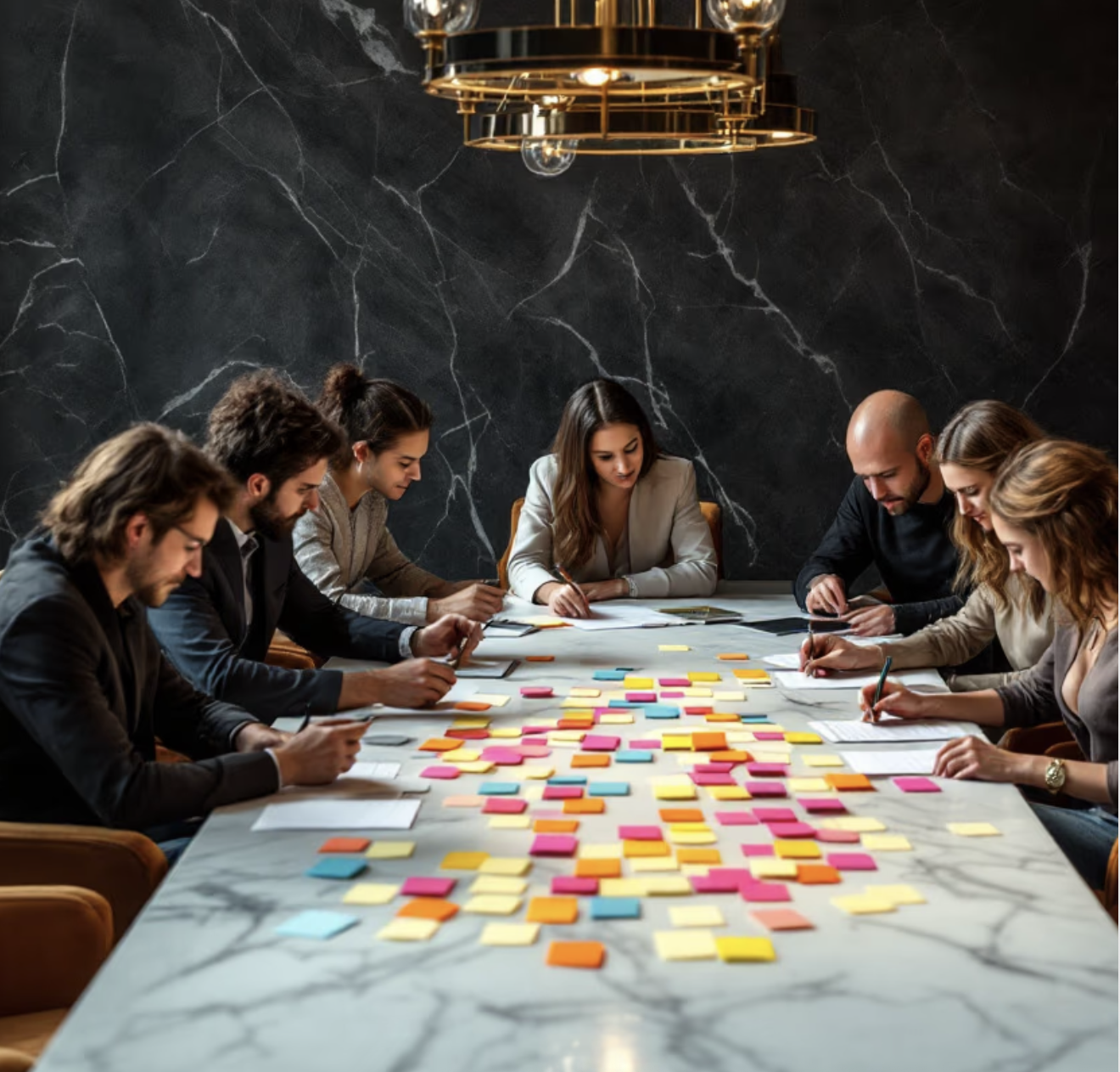 Group of seven people sitting around a marble conference table covered with colorful sticky notes, some taking notes and some using phones, in a modern room with dark marble walls and a gold geometric chandelier overhead.