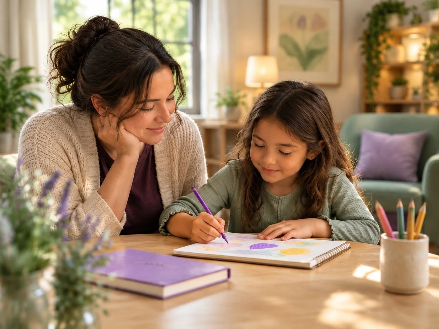 Illustrative image of a parent and child drawing together at a table in a calm, welcoming room.