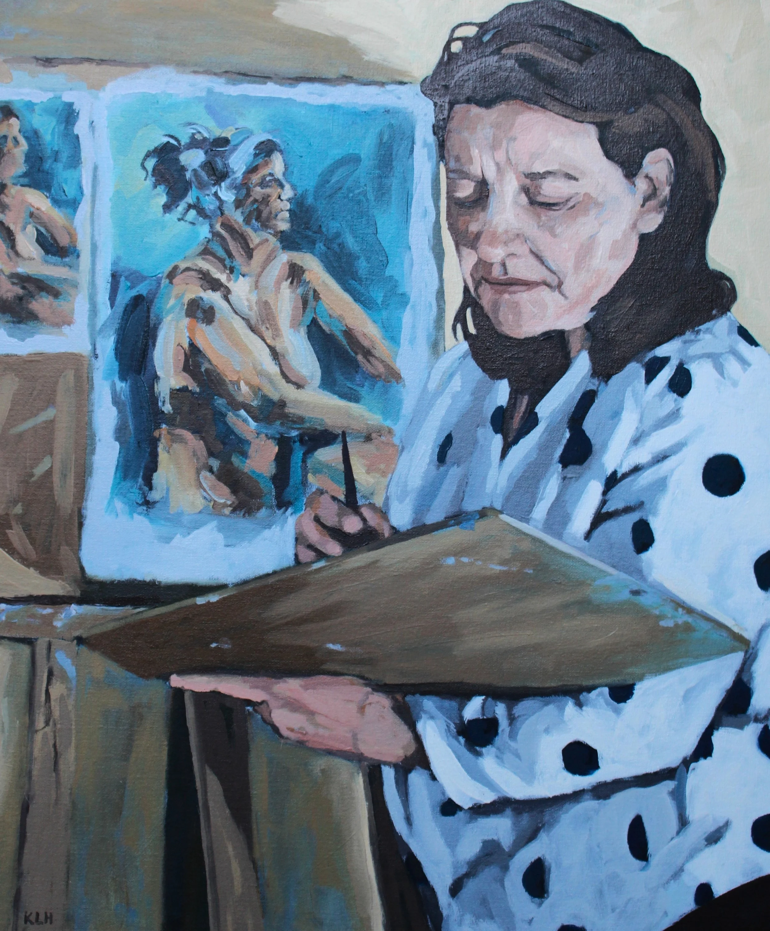 An artist is painting a portrait of a seated woman with multiple sketches of the same woman in the background.