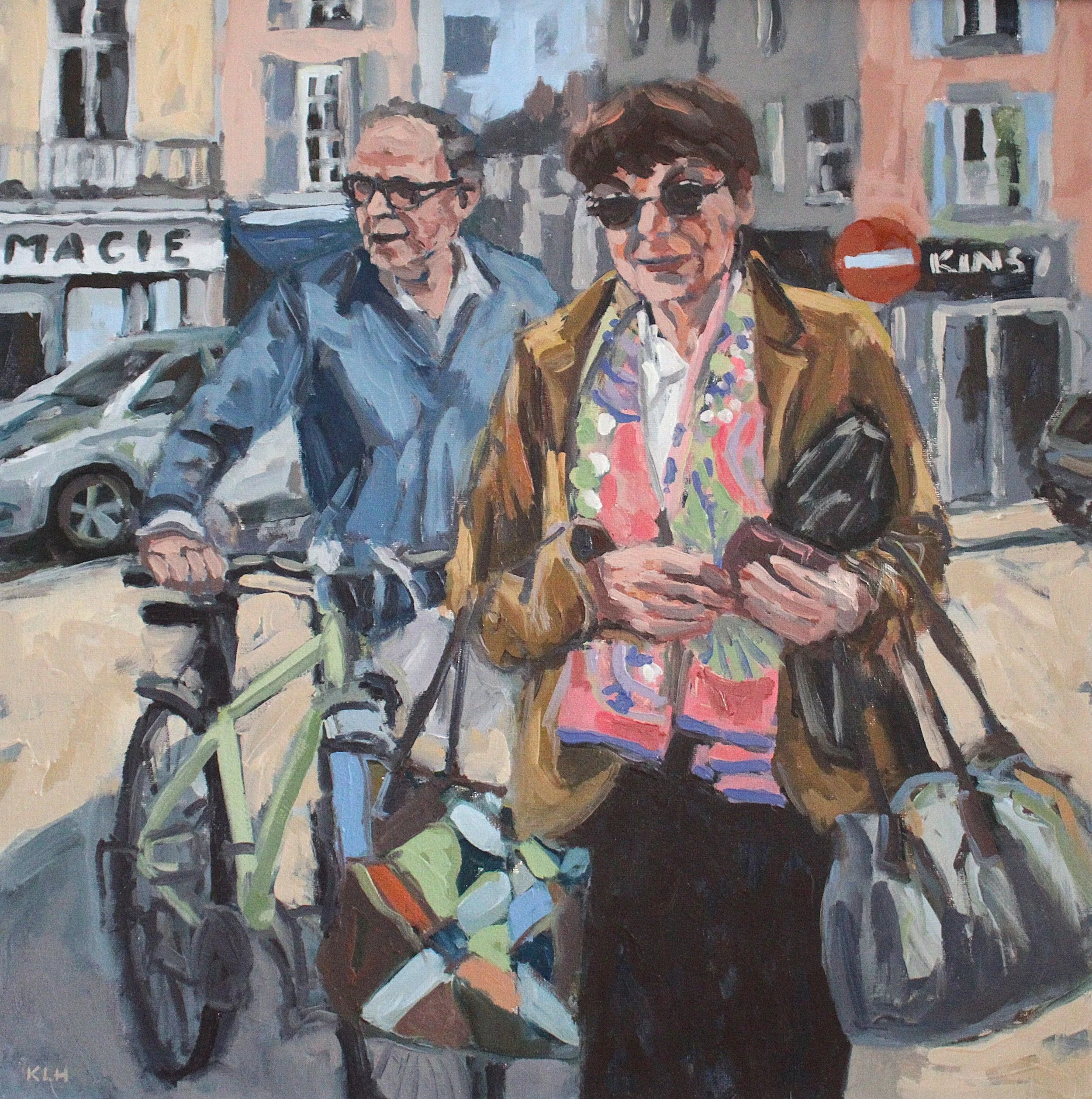 Painting of two men on a city street. One man is on a bicycle, wearing a blue shirt and sunglasses, and the other man is standing, wearing a brown jacket, colorful shirt, and sunglasses, looking at his phone.