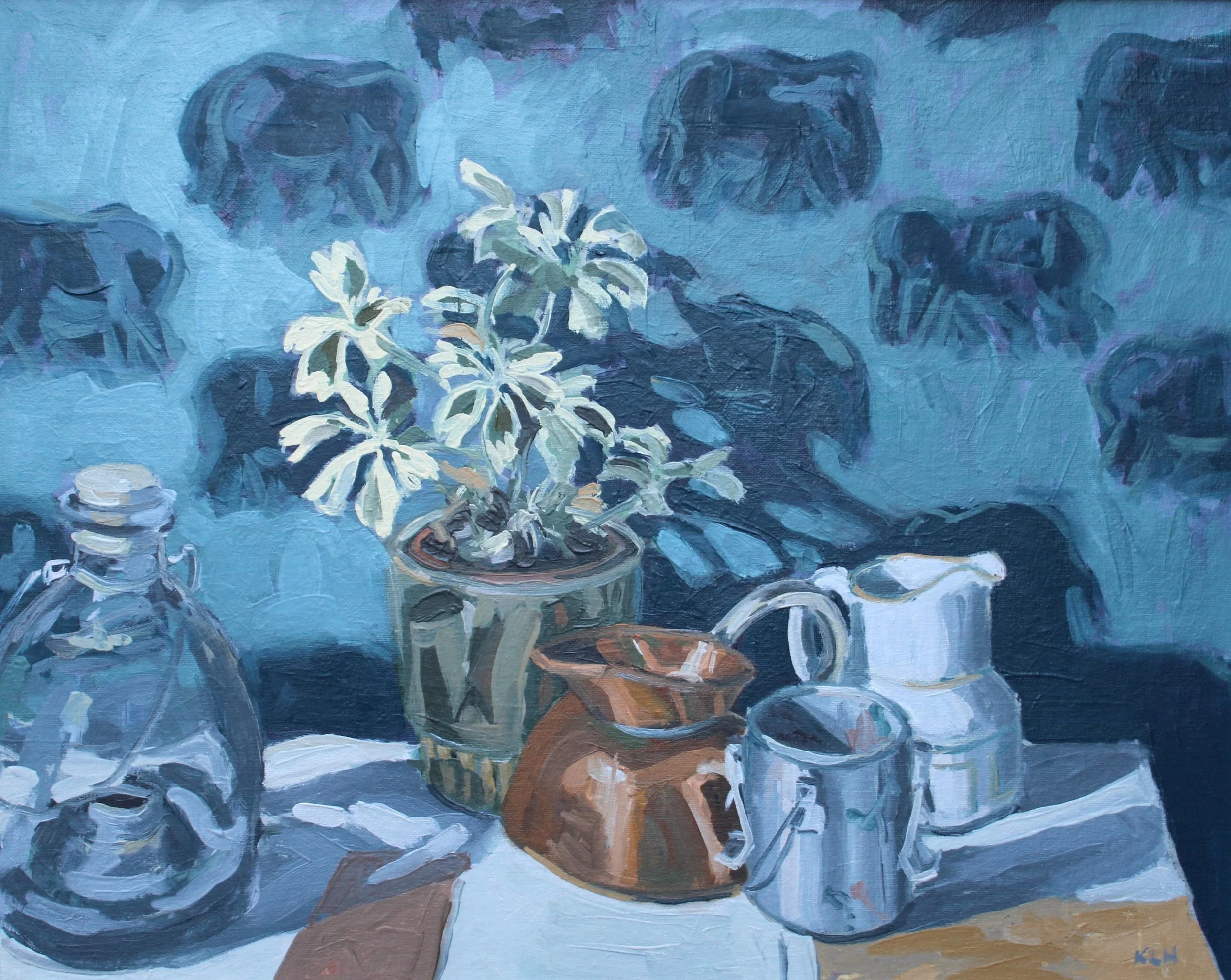 A still life painting of a table with a plant in a green pot, a glass jar, a copper pitcher, a white pitcher, a metal cup, and a white cloth, with a blue-toned background featuring dark-patterned wallpaper.