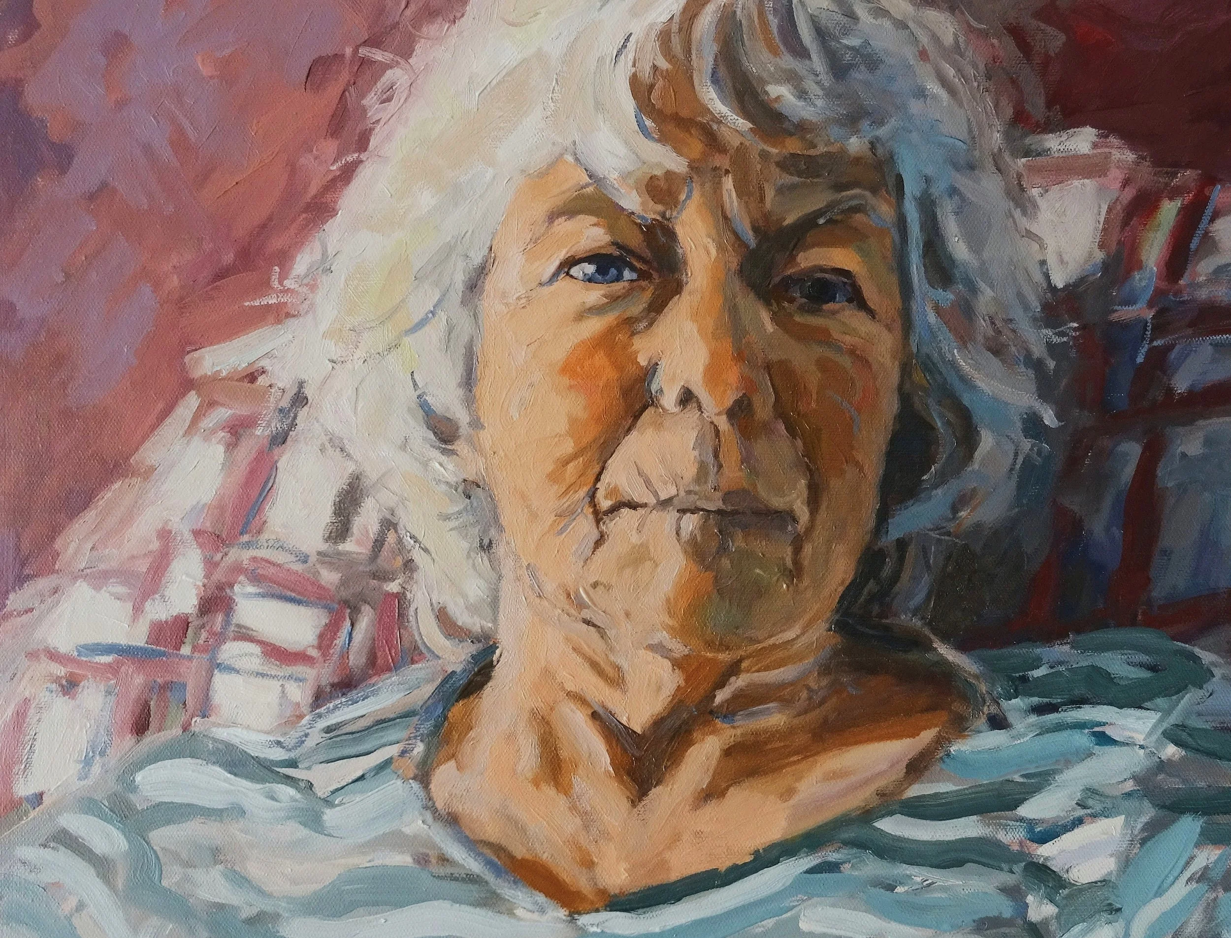 An oil painting portrait of a woman with white hair and blue eyes, surrounded by abstract brushstrokes.