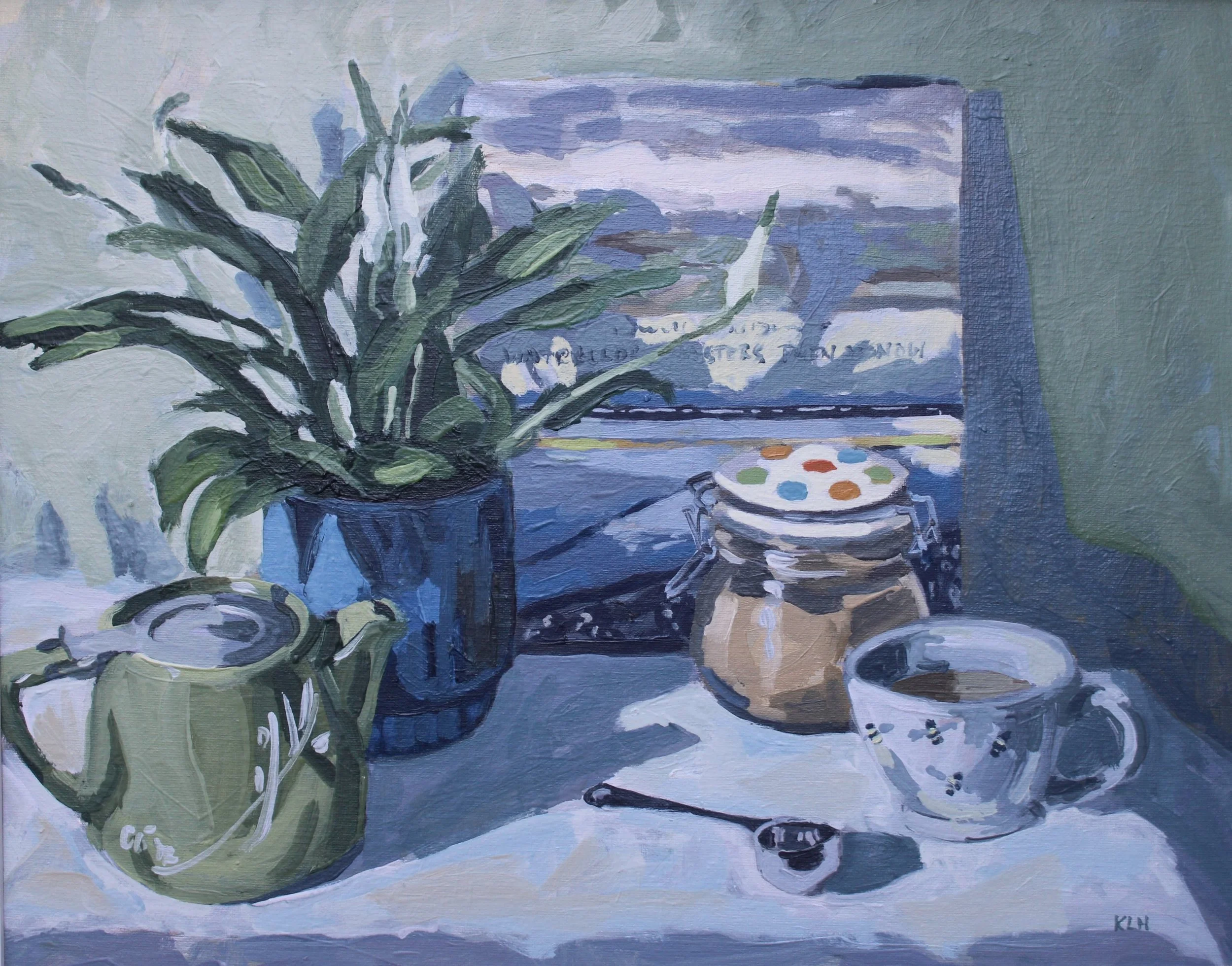 A still life painting of a potted plant, a teapot, a cup of coffee, a small jar with a lid, a spoon, and a book in the background.