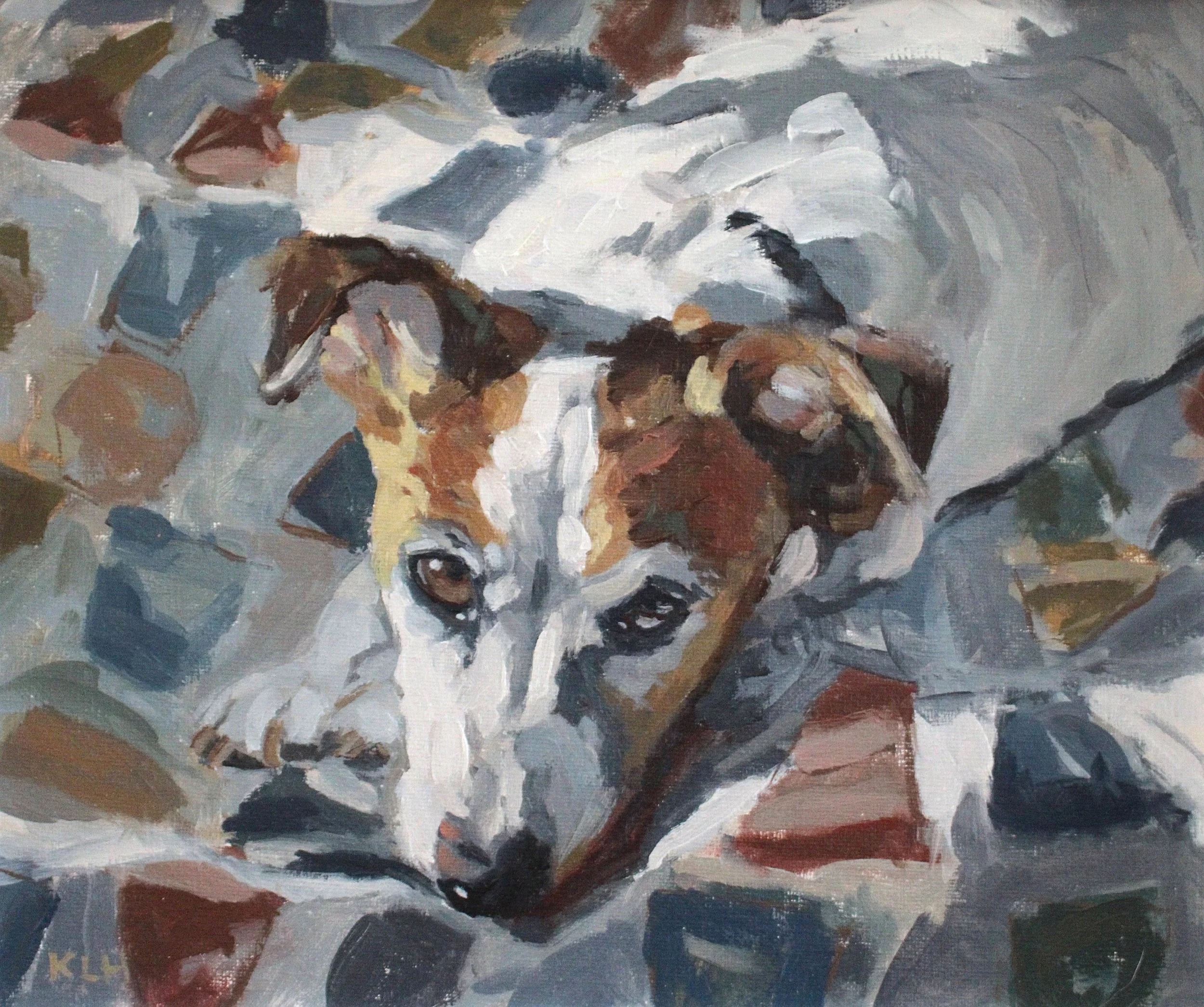 A painting of a dog with a white coat and brown and black markings, lying on a colorful abstract background with shades of gray, brown, and beige.