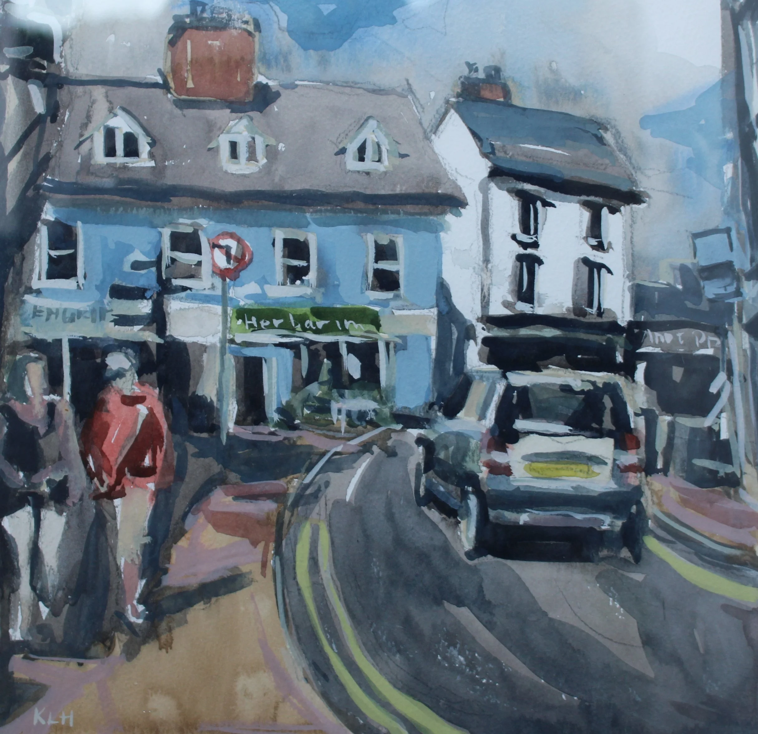 A watercolor painting of a city street scene with two pedestrians walking on the sidewalk, cars parked along the street, and buildings in the background.