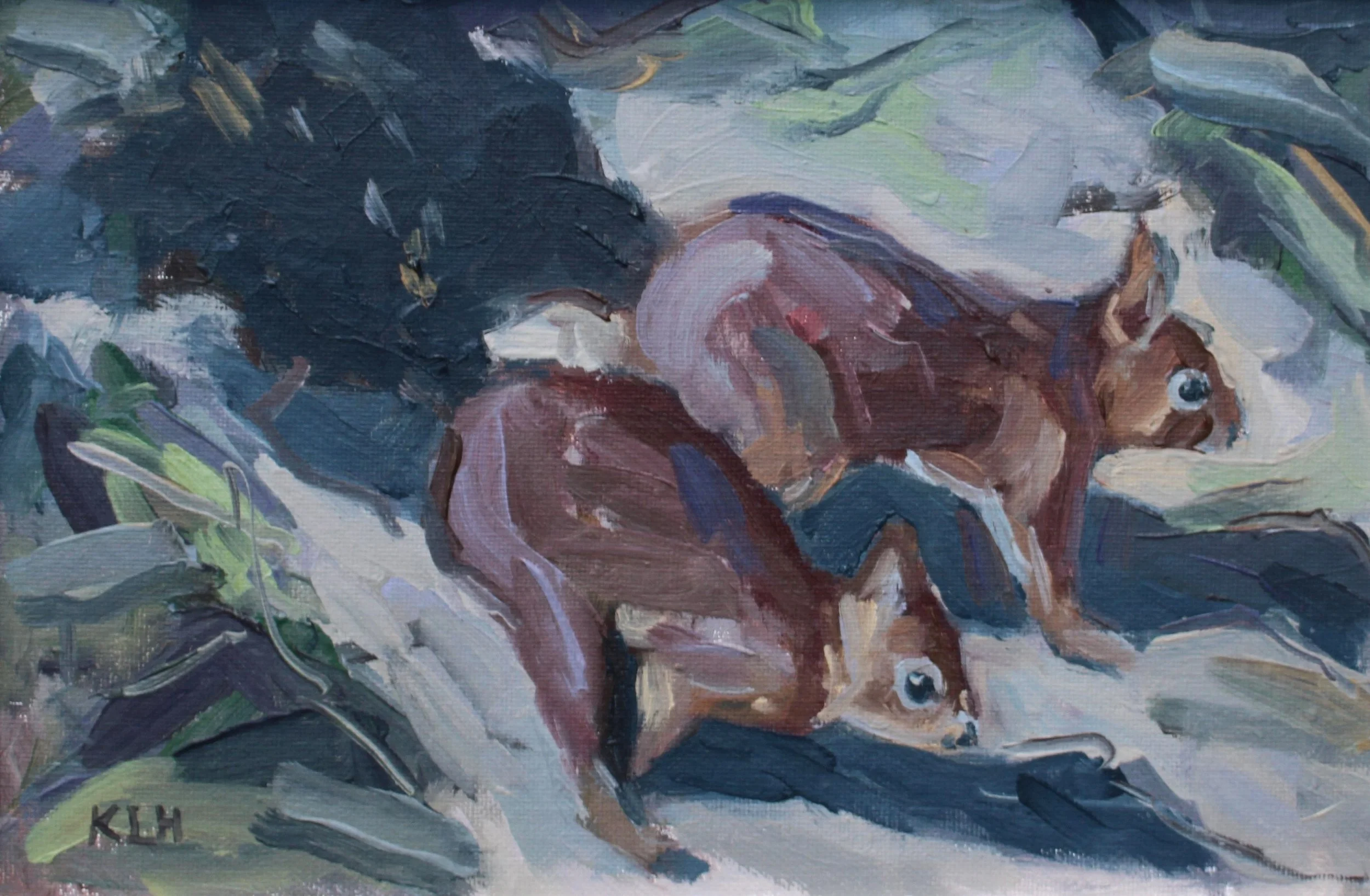 Painting of two squirrels on the ground among leaves and foliage.