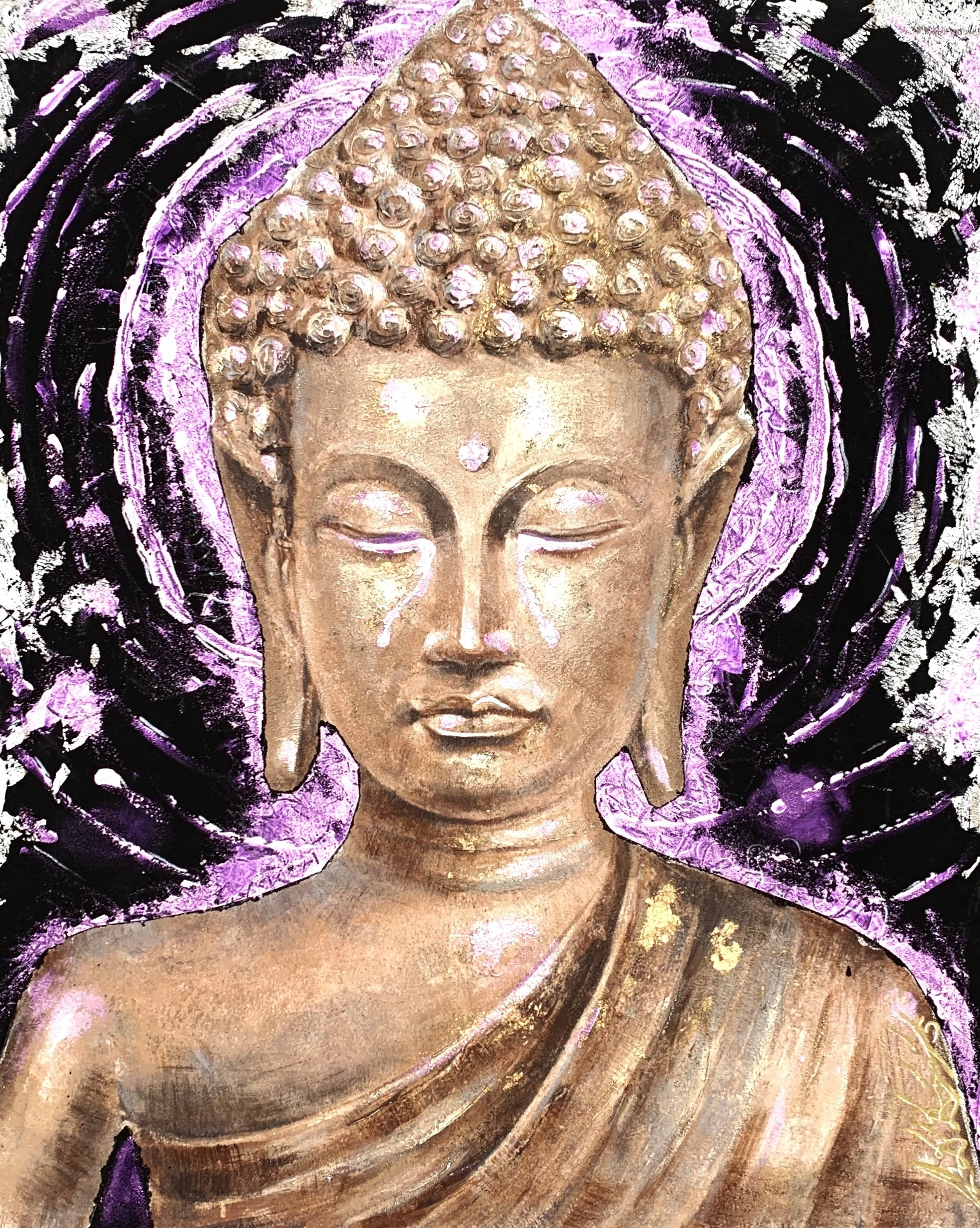A detailed painting of Buddha's face with closed eyes, golden brown skin tone, adorned with a stylized curly hair pattern, surrounded by a purple and black circular background, and a golden robe draped over his shoulder.