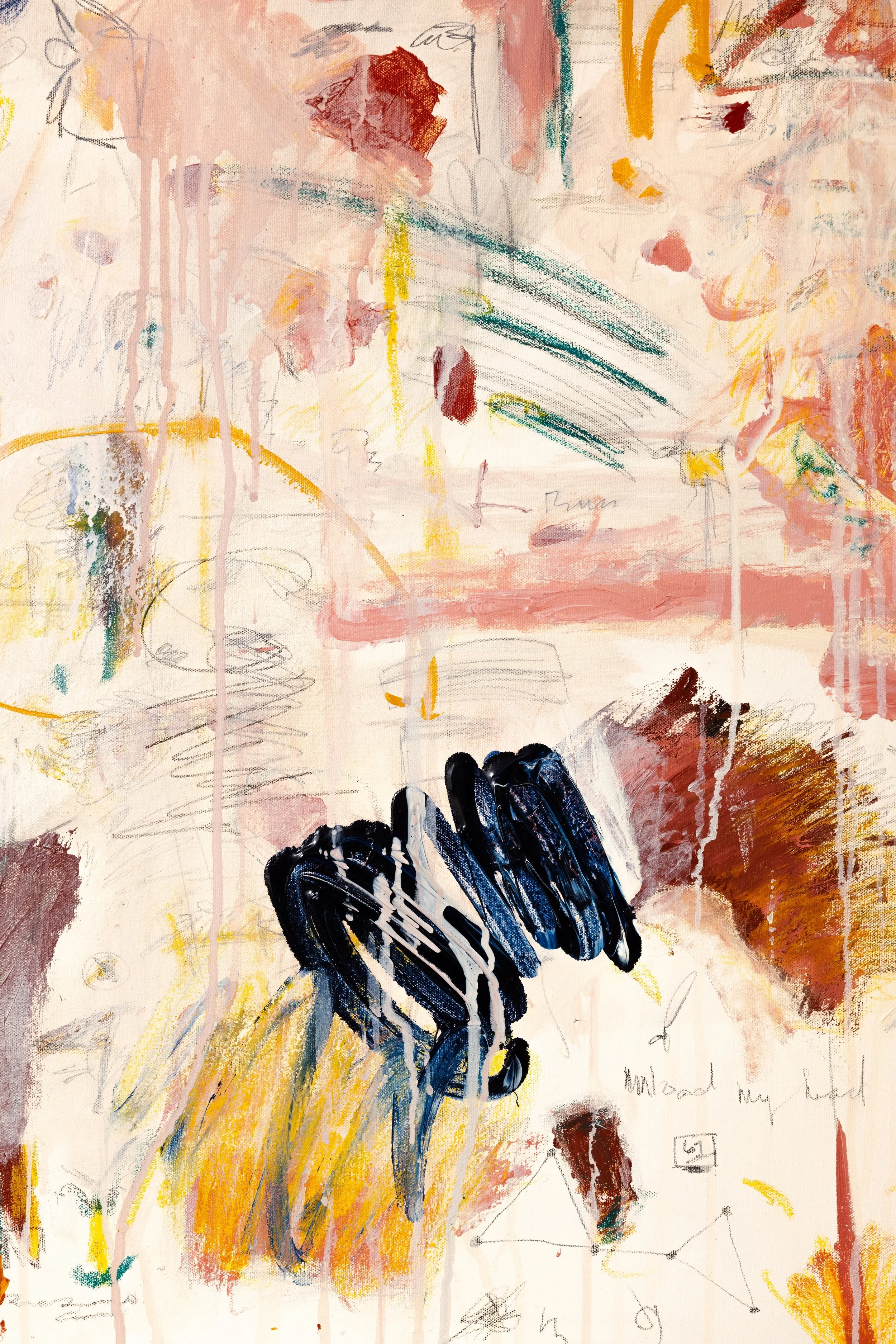 Abstract mixed media artwork with scribbles, brushstrokes, and layered colors including pink, yellow, black, red, and green.