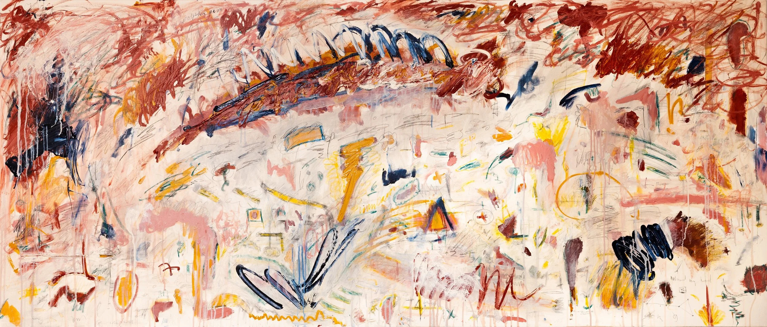 Abstract expressionist painting with a mix of brush strokes in red, yellow, black, pink, and blue, featuring a creature resembling a dinosaur or dragon with a long spine, among chaotic marks and doodles.