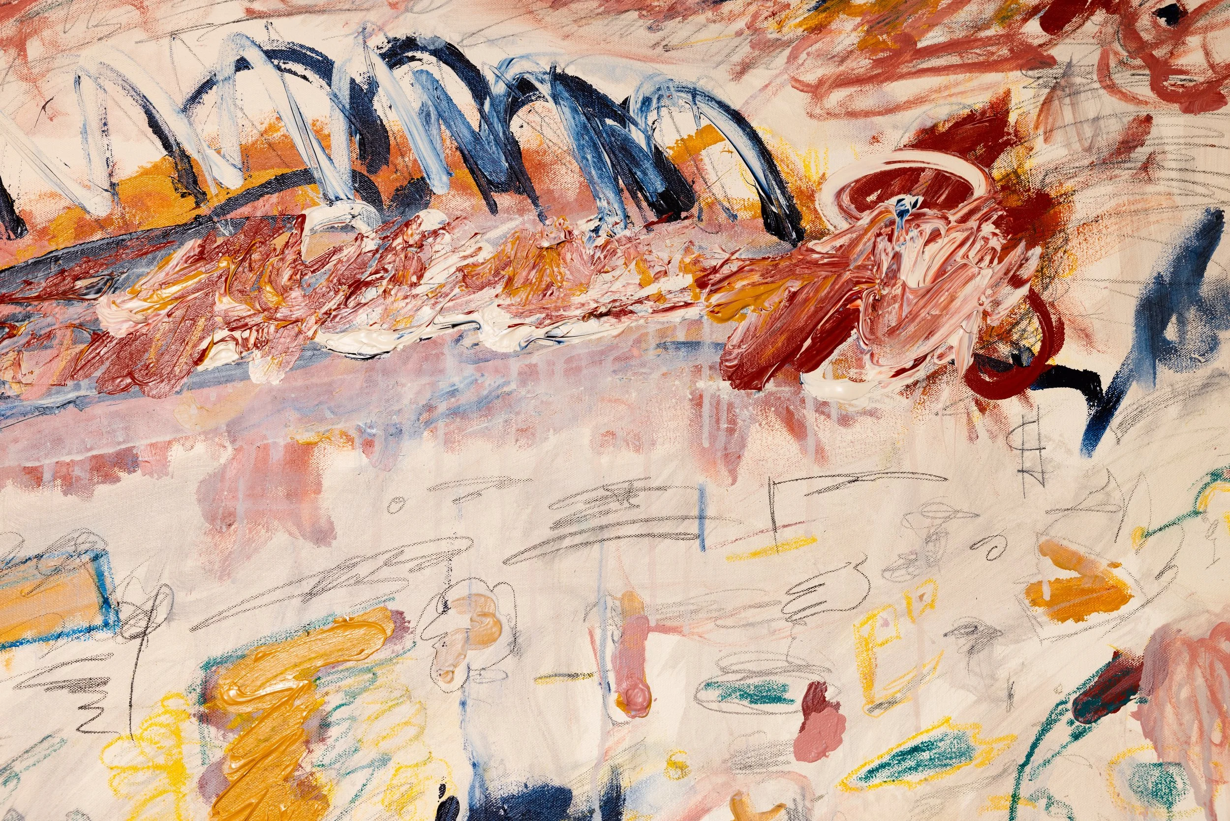 Abstract painting with bold brushstrokes in blue, orange, white, and black, with sketch-like lines and splashes of color on a light background.