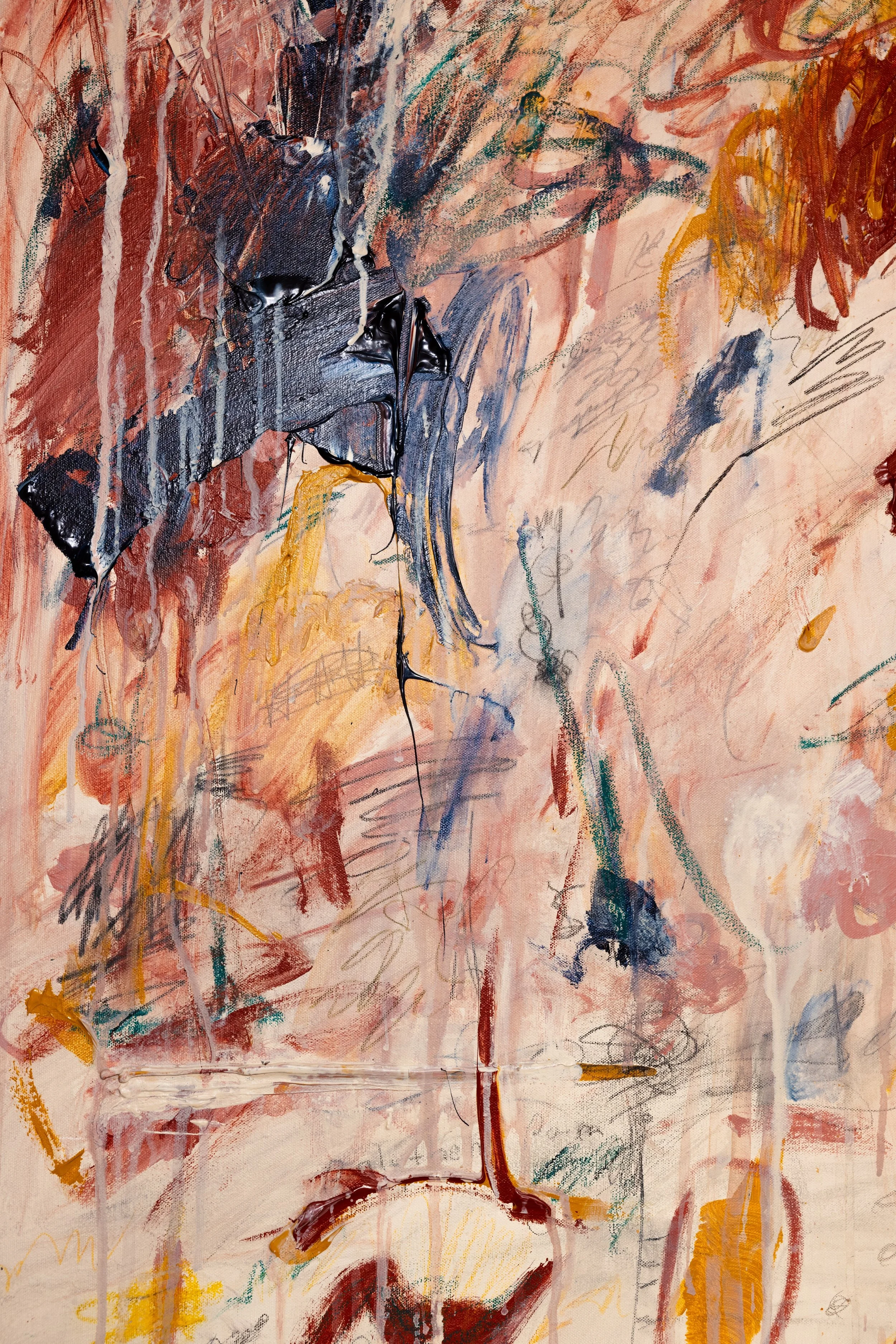 Abstract expressionist painting with various colors, lines, and textures, featuring dark and bright patches of paint with scribbles and brushstrokes.