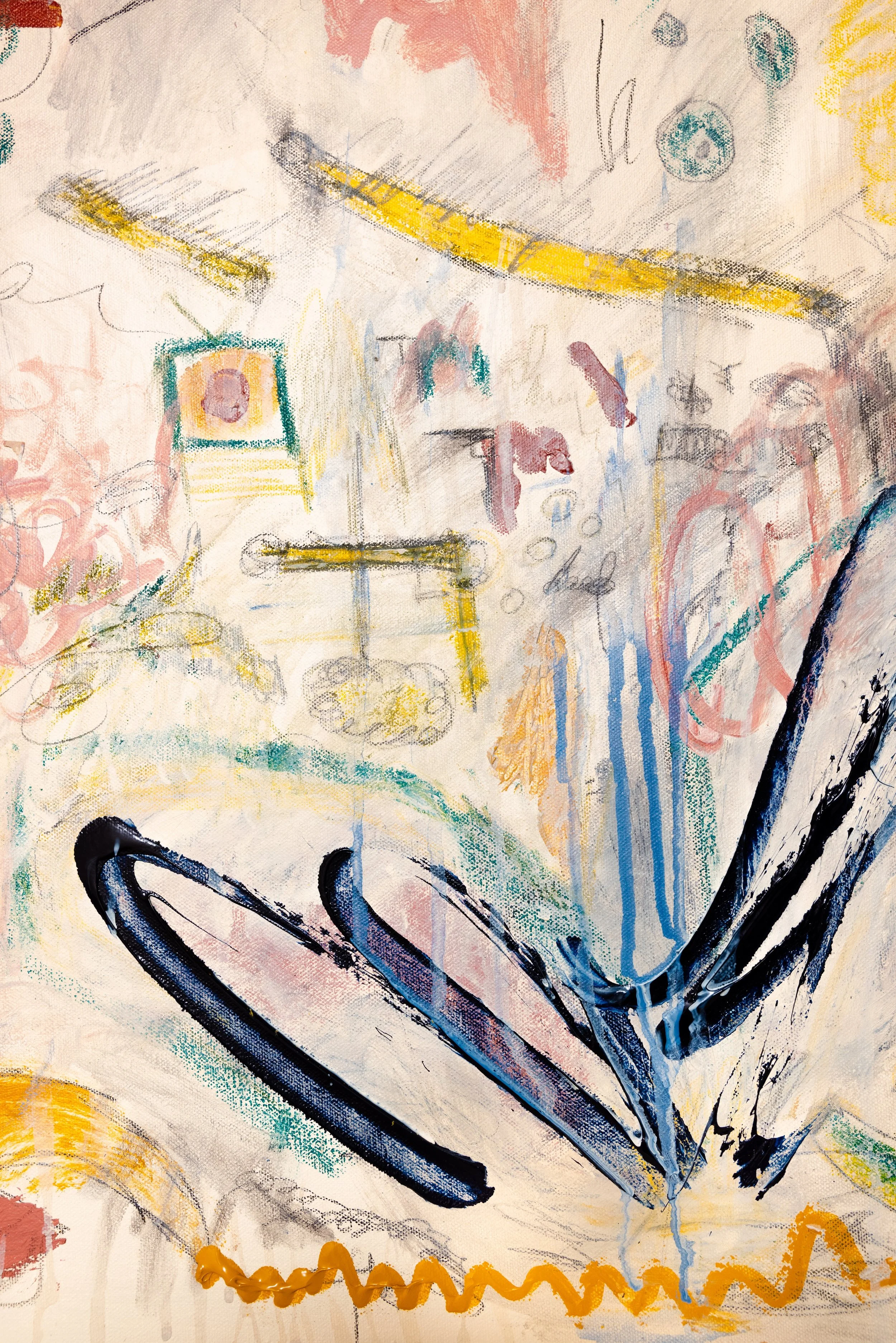 Abstract colorful drawing with various shapes and lines, including large black and pink strokes, yellow highlights, and faint sketches and scribbles in the background.