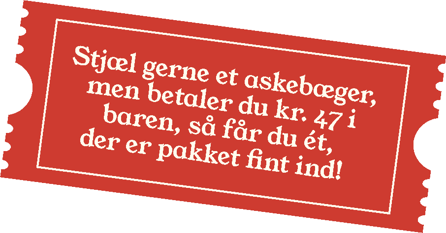 En reklame for en skattejagt, hvor man skal støtte en askebeger ved at betale 47 kr., og derefter få en pakke med noget ind.